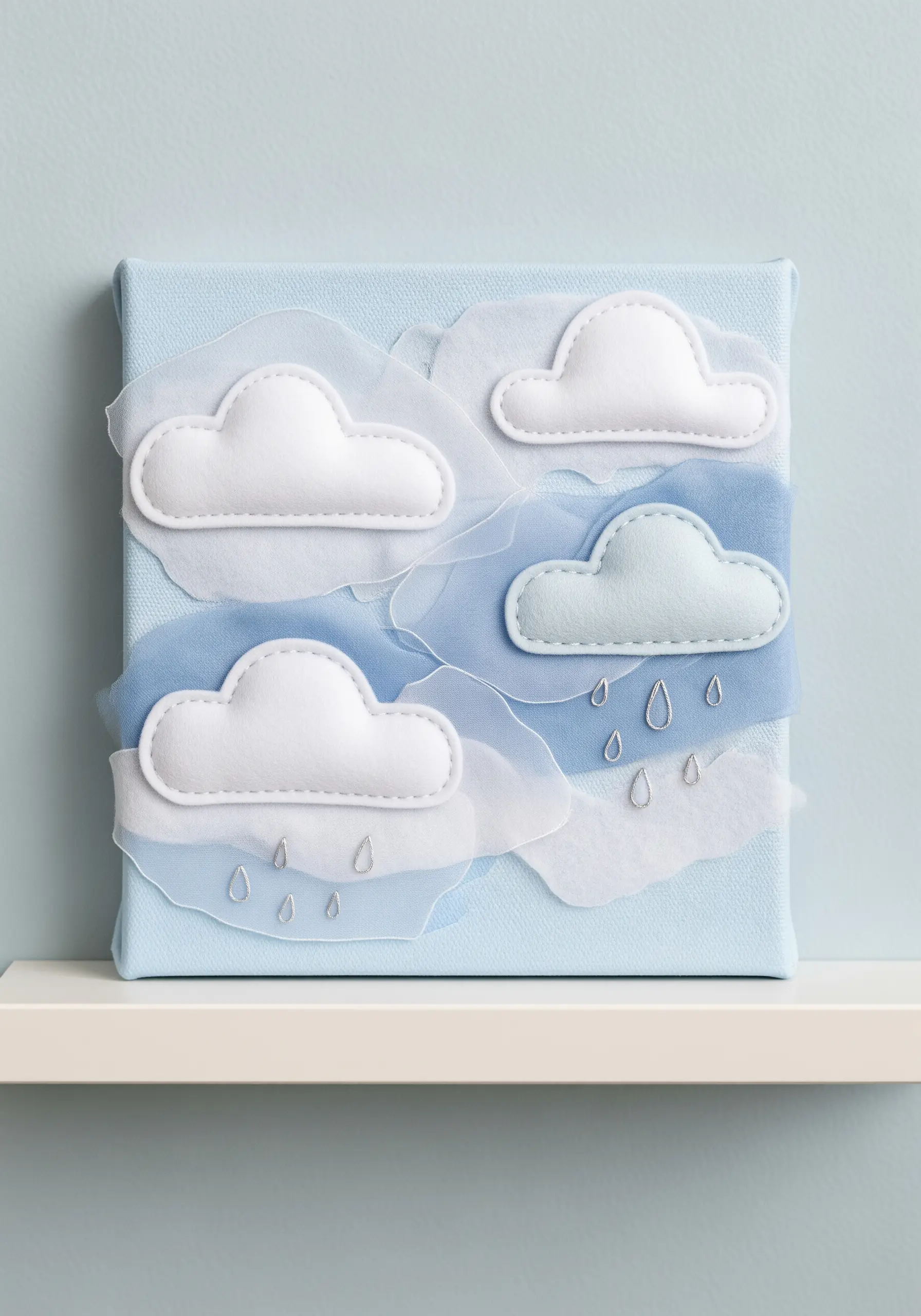 Fluffy white felt clouds layered over translucent blue organza on a light blue canvas.