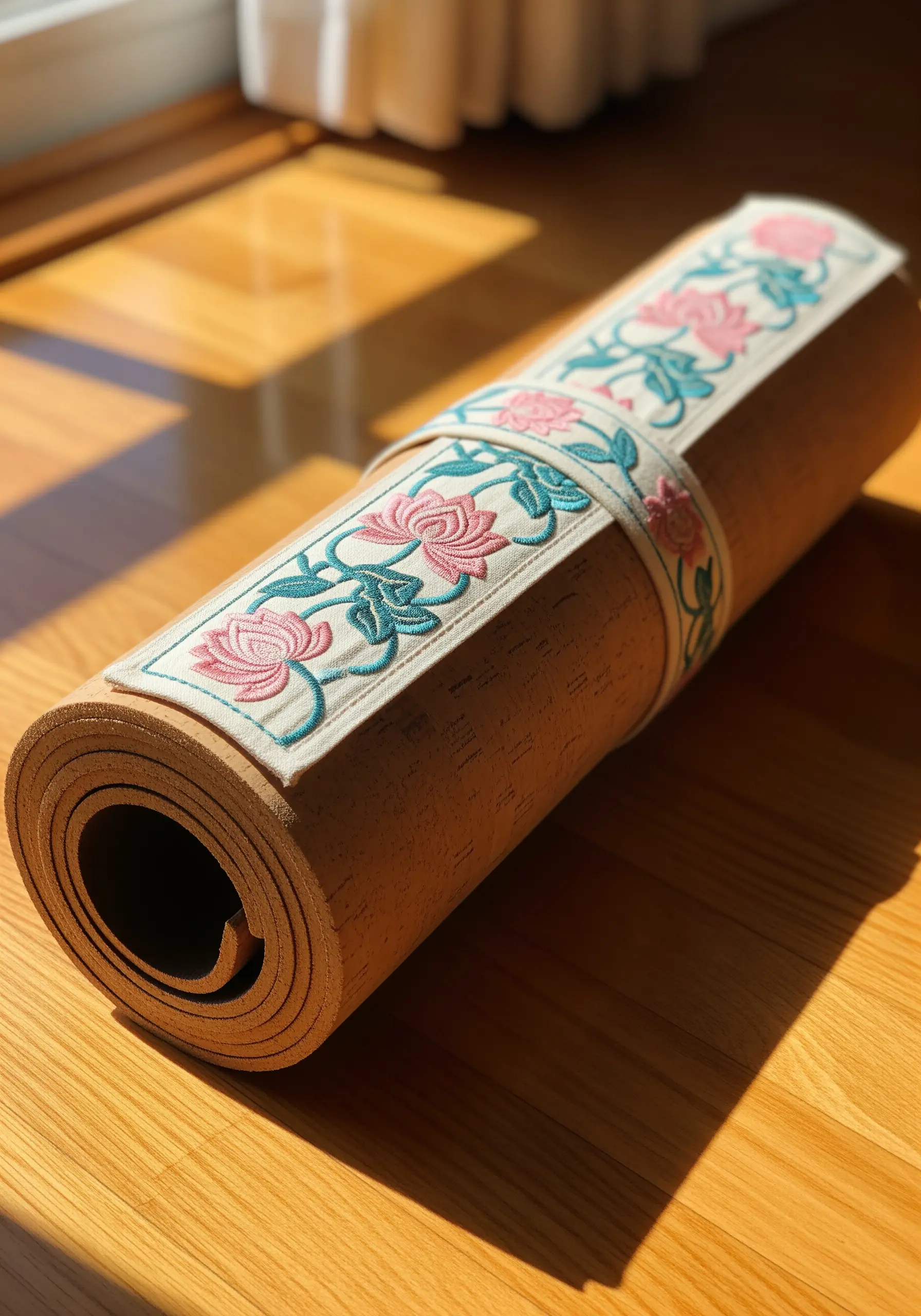 Cork yoga mat with a cotton strap featuring pink lotus embroidery