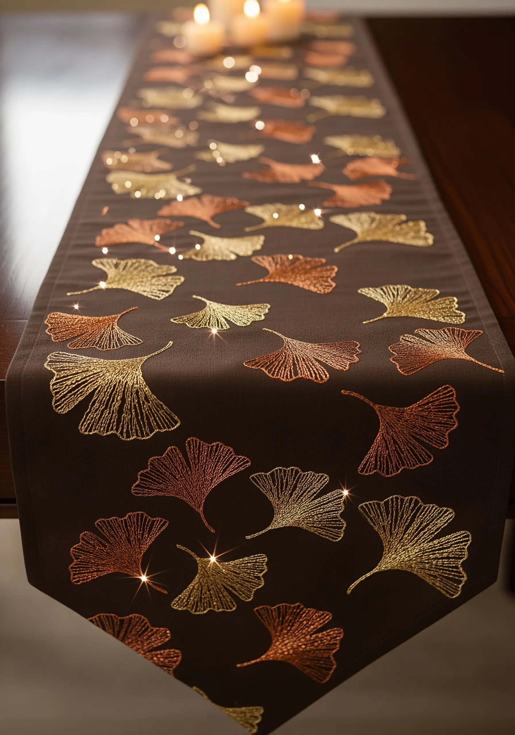 Scattered ginkgo leaves in gold, copper, and bronze metallic thread on a brown runner.