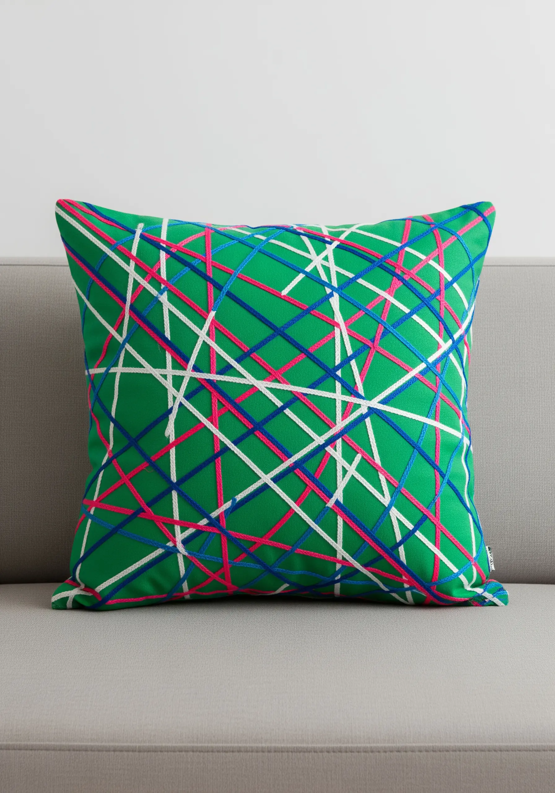 An energetic grid of intersecting blue, pink, and white lines on a bright green pillow.