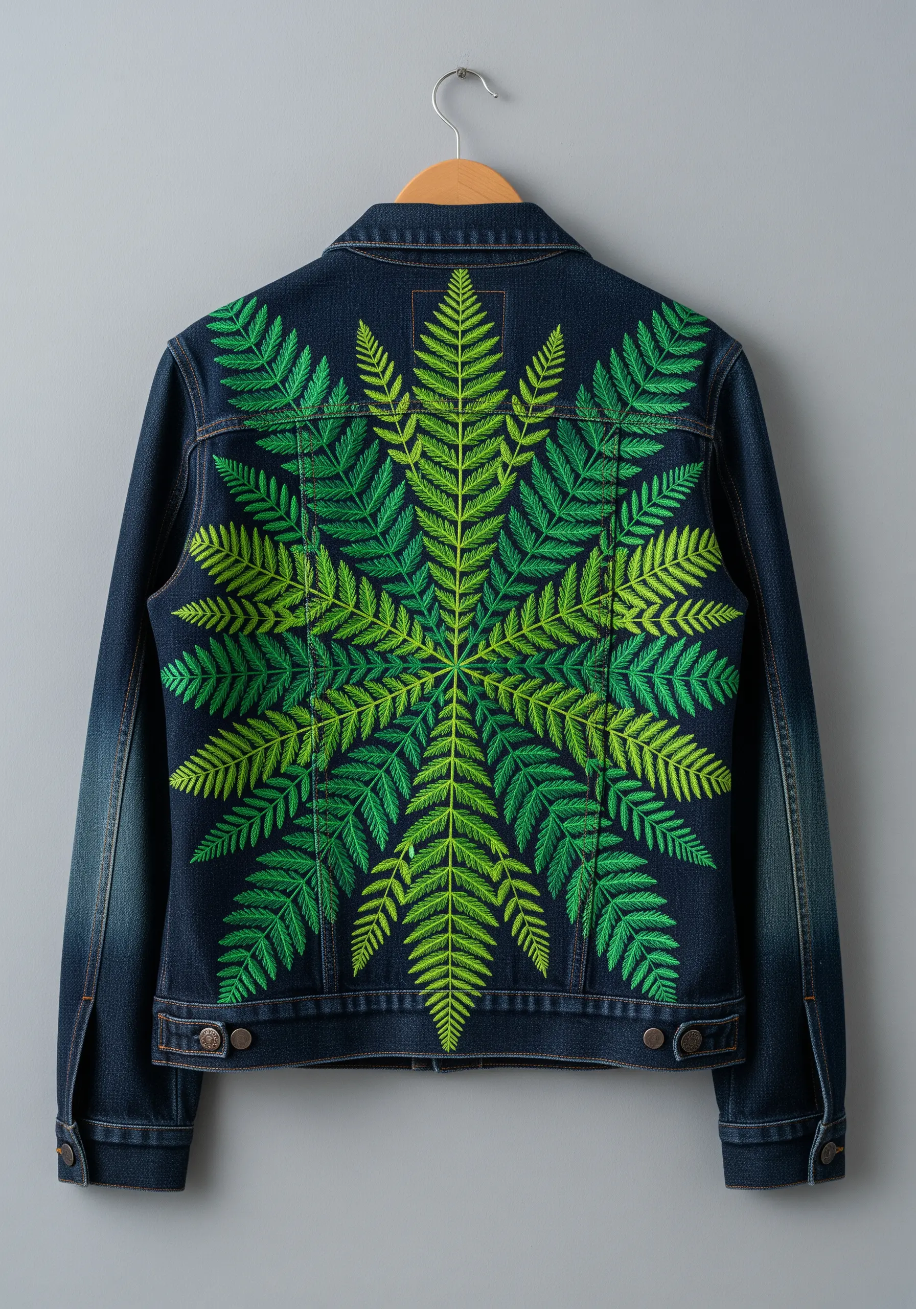 Symmetrical green fern leaf mandala embroidered on the back of a dark denim jacket.