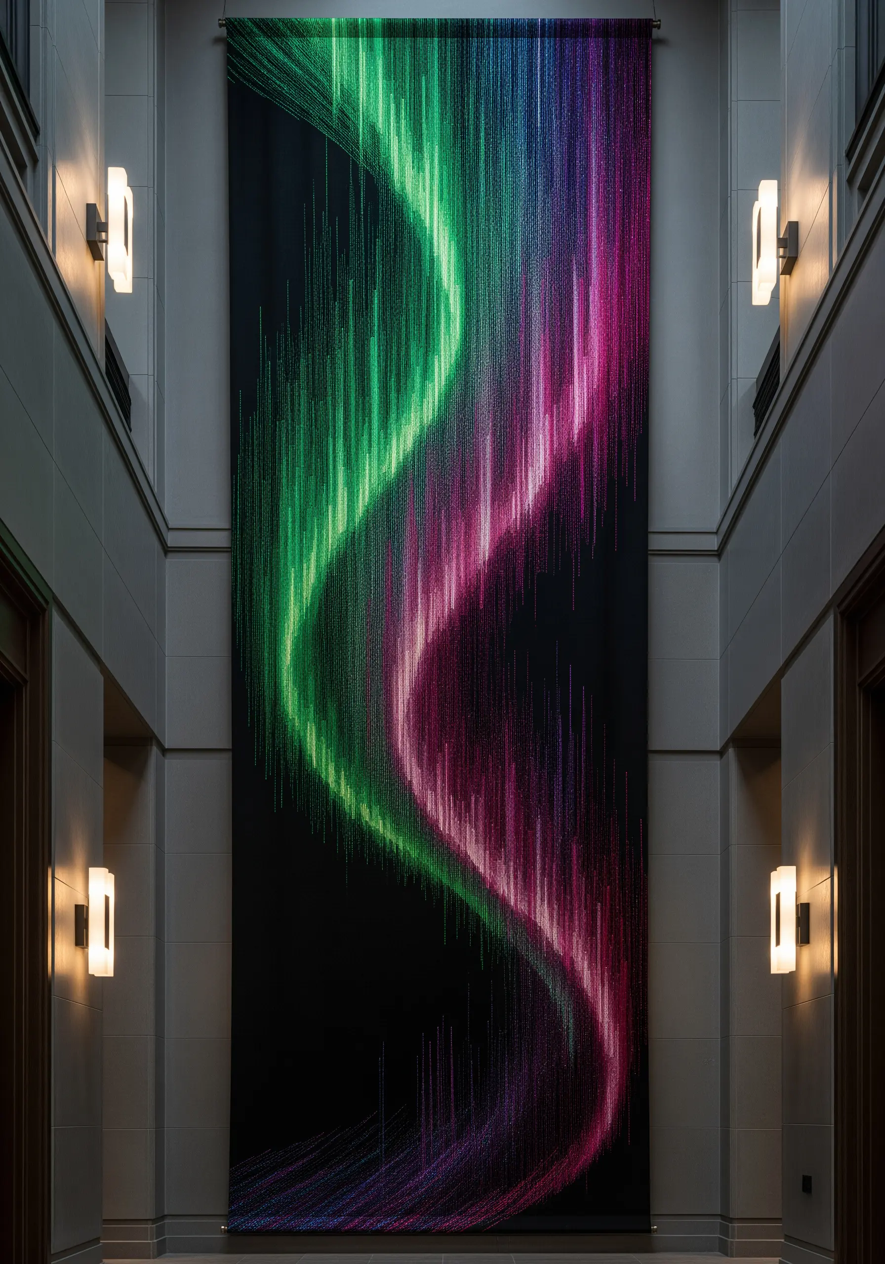 Large black wall hanging with flowing neon green and magenta gradient stitch patterns.