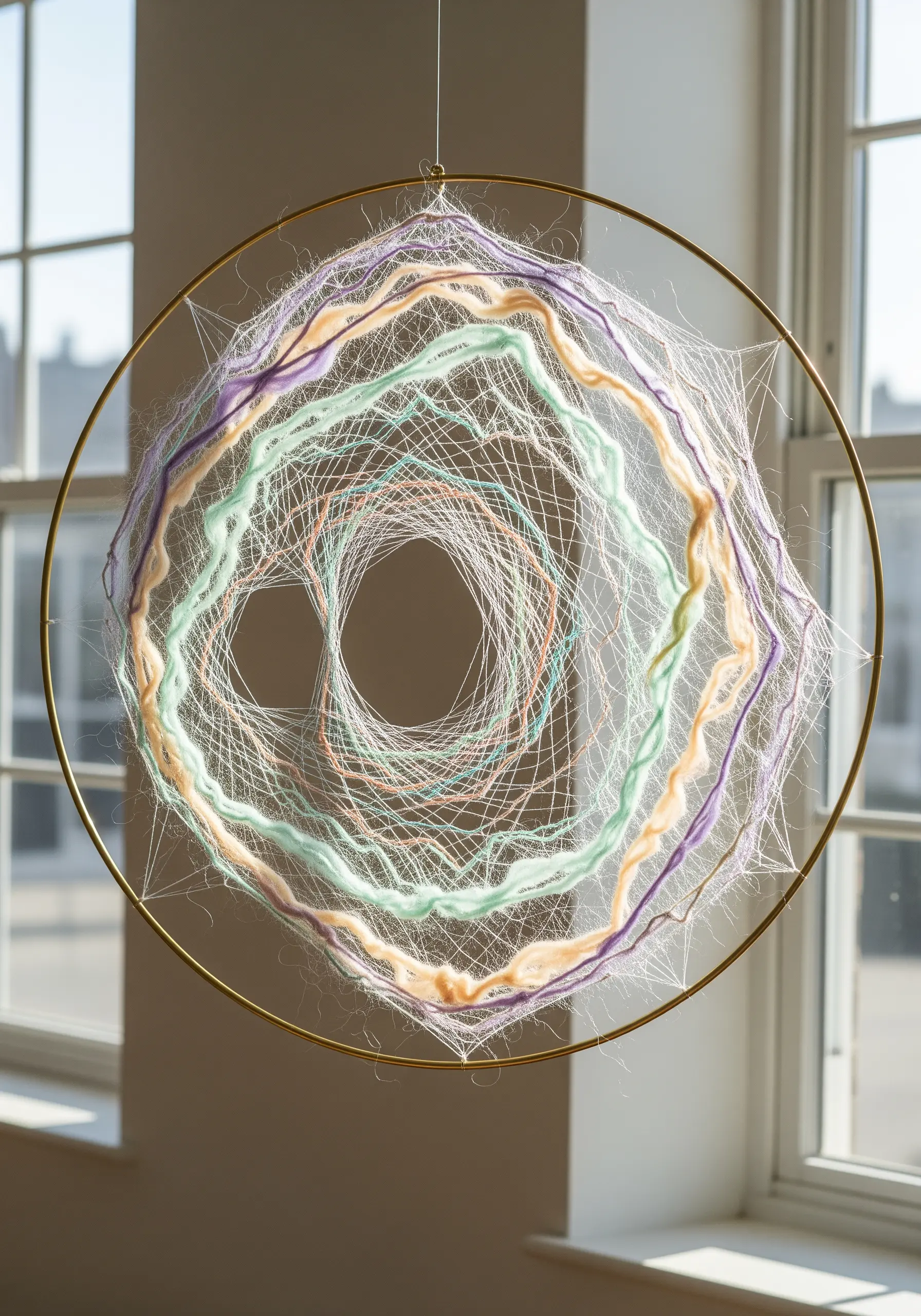 Abstract fiber art in a brass hoop with fine threads and wrapped pastel roving.