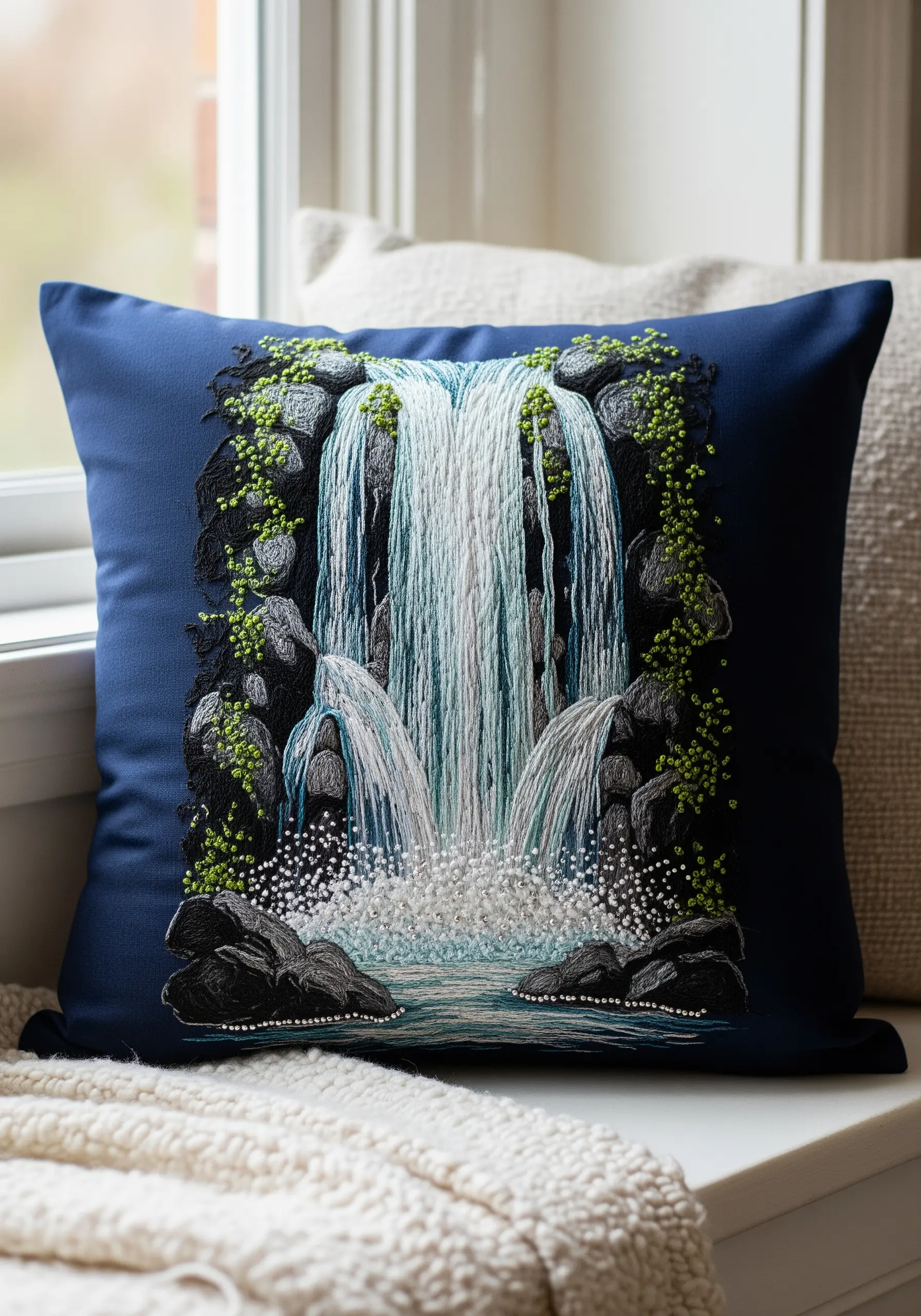 Embroidered waterfall on a blue pillow, with beads representing water spray at the base.