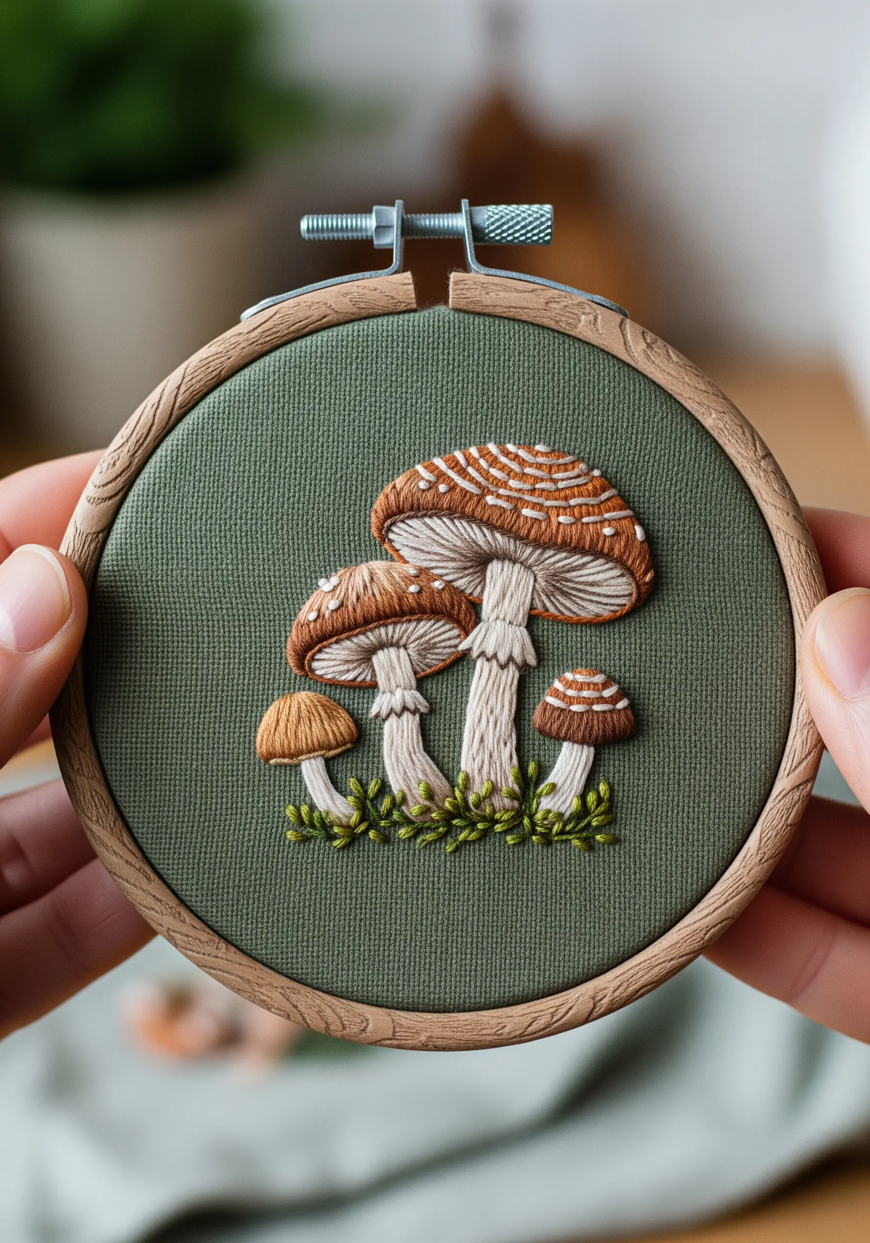 Mushroom embroidery with radial shading on green fabric