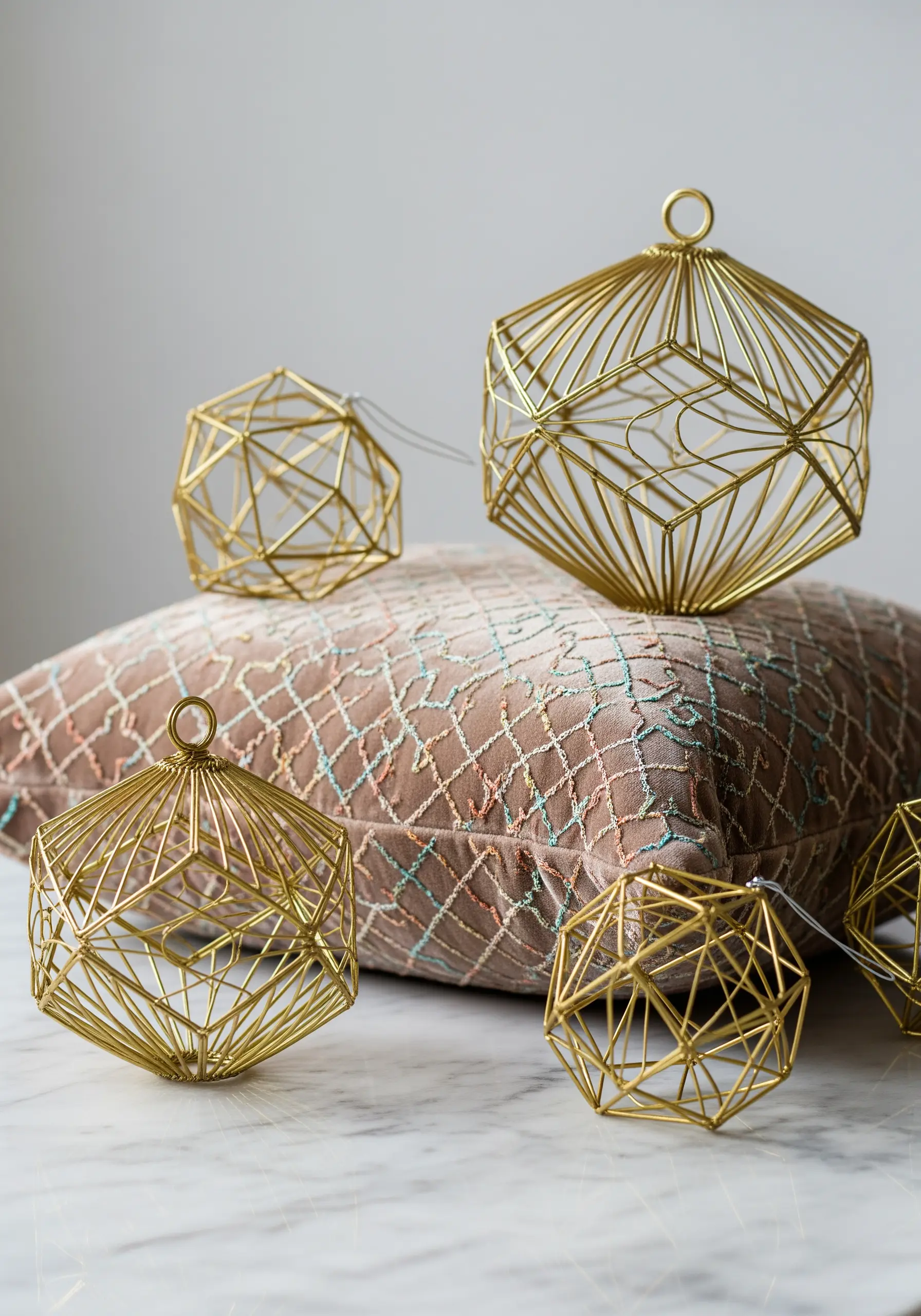 Geometric grid embroidery on a cushion with matching gold wire geometric ornaments.
