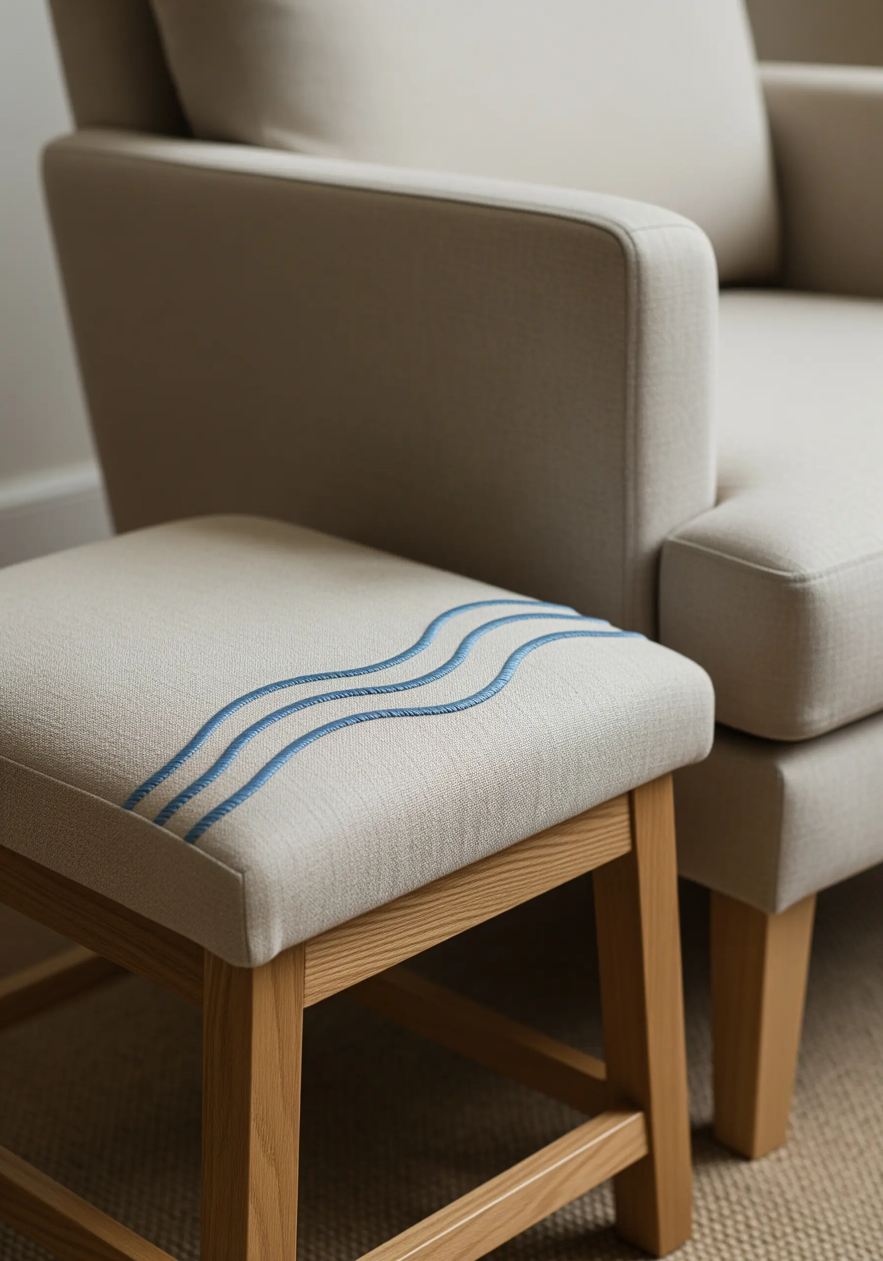 Three parallel, wavy blue lines embroidered across a beige upholstered footstool.