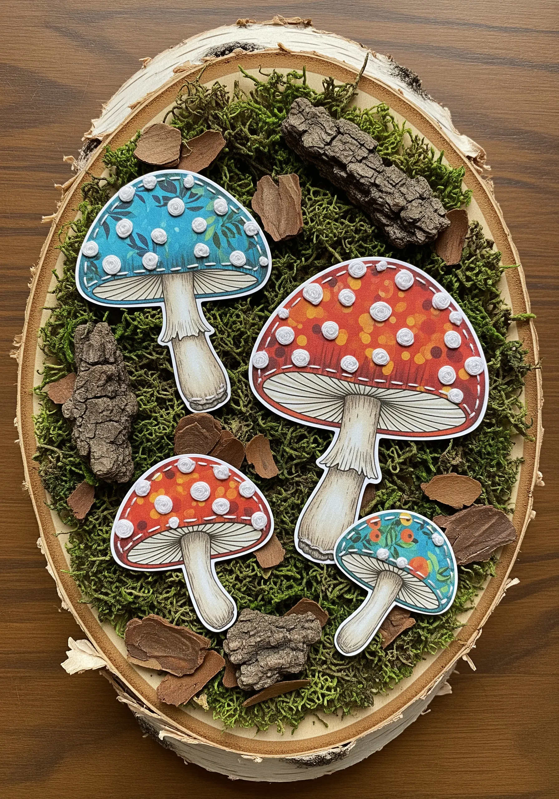 Paper mushroom cutouts decorated with blanket stitch edges and French knot spots.