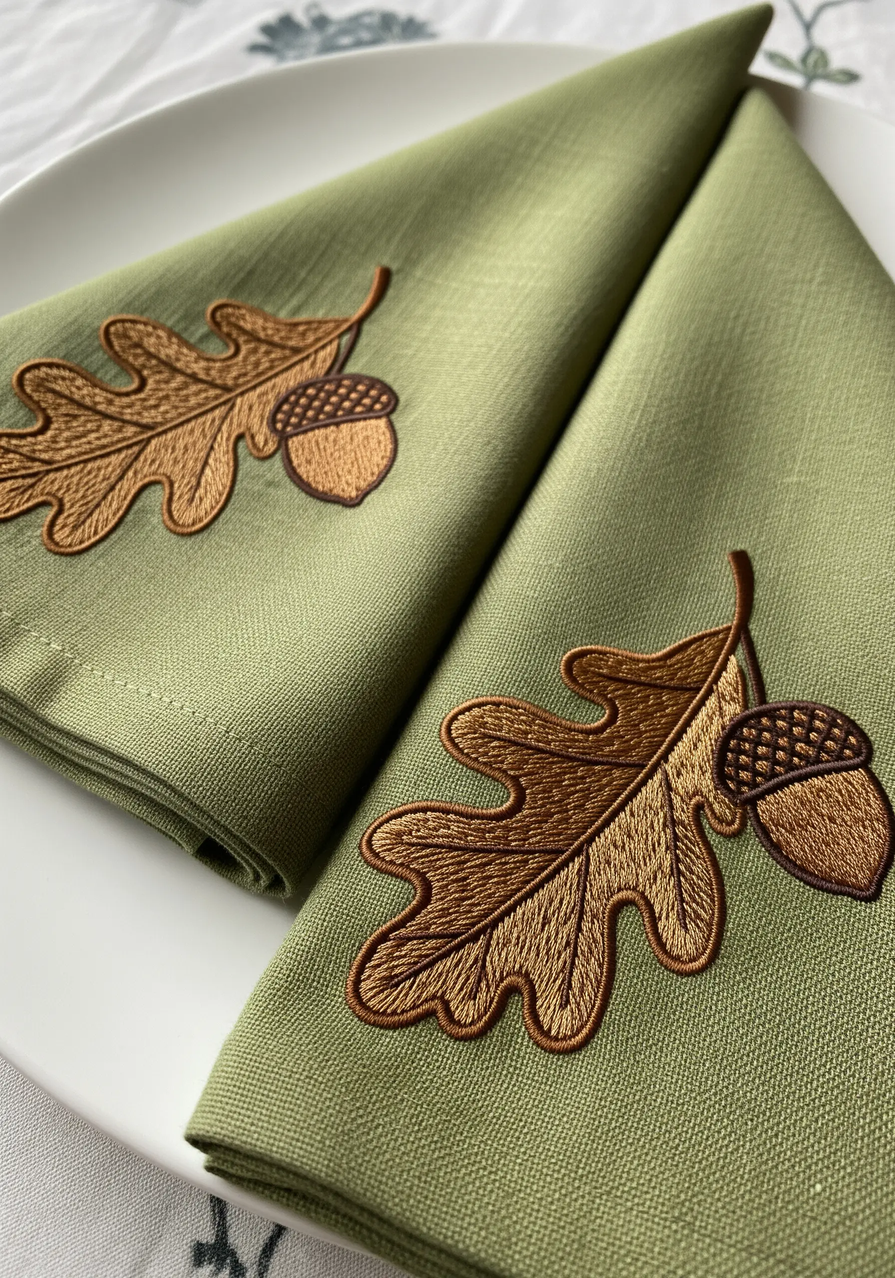 An oak leaf and acorn embroidered on a sage green napkin with variegated thread.