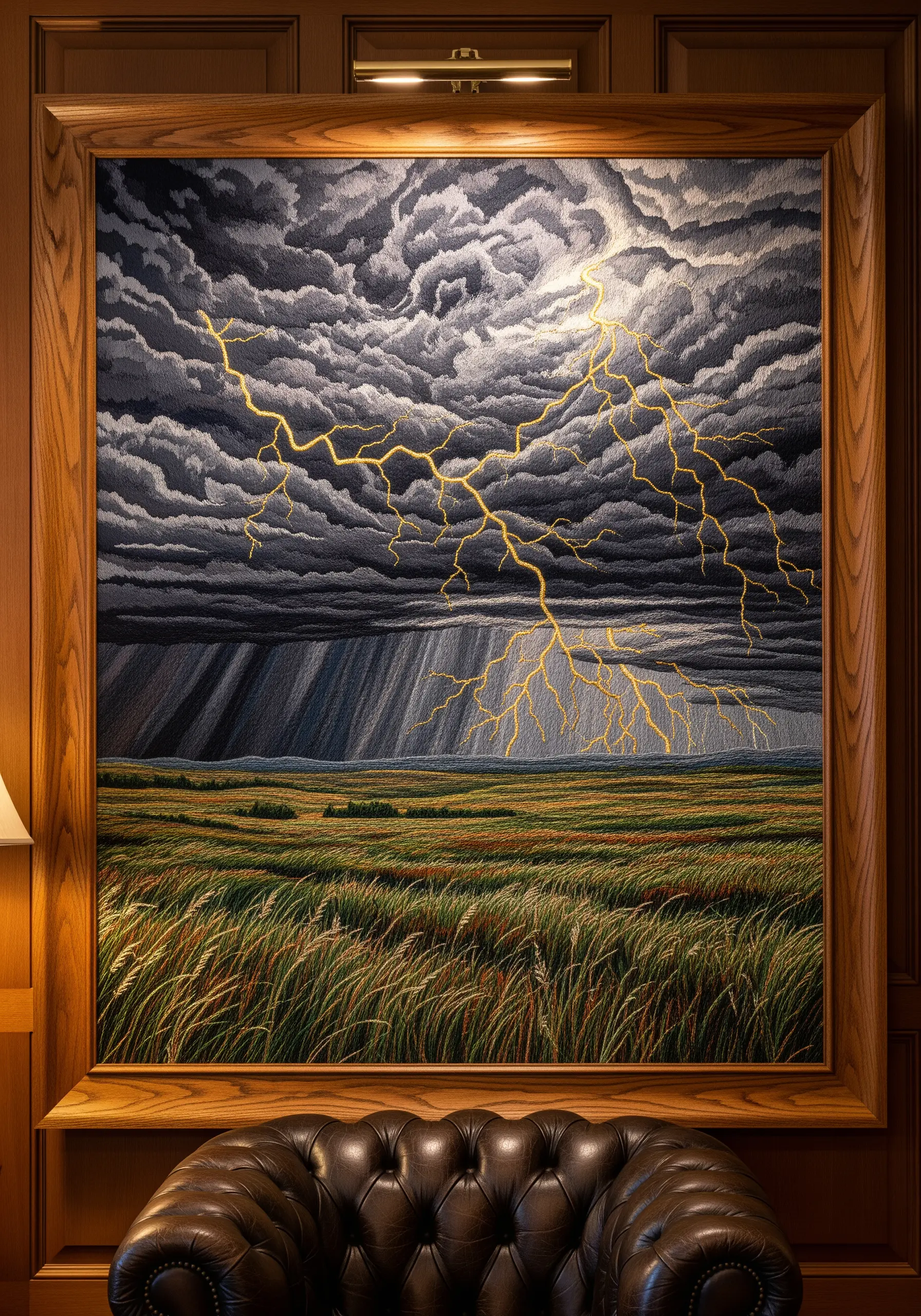 Dramatic thunderstorm embroidery with gold lightning