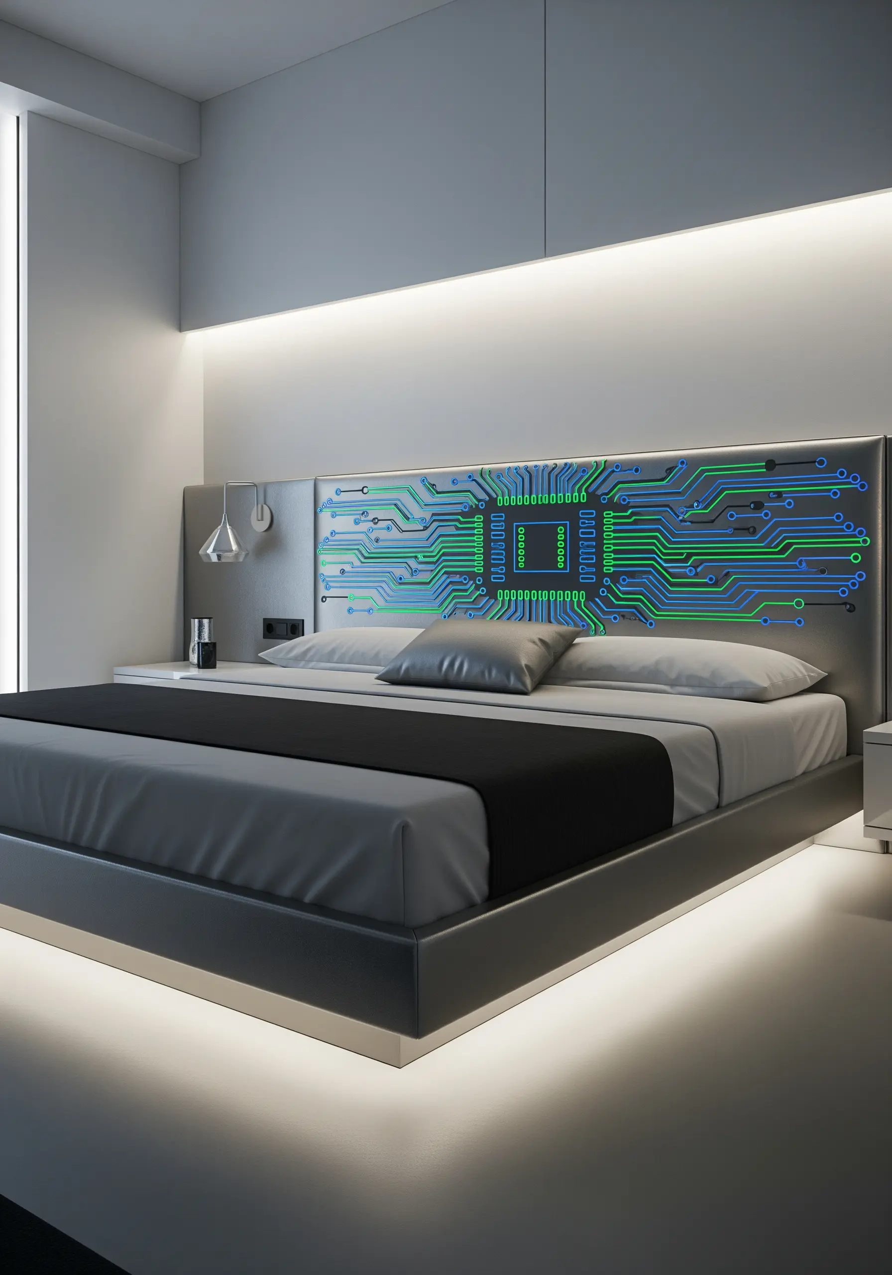 A futuristic circuit board pattern stitched in glowing neon threads on a gray headboard.