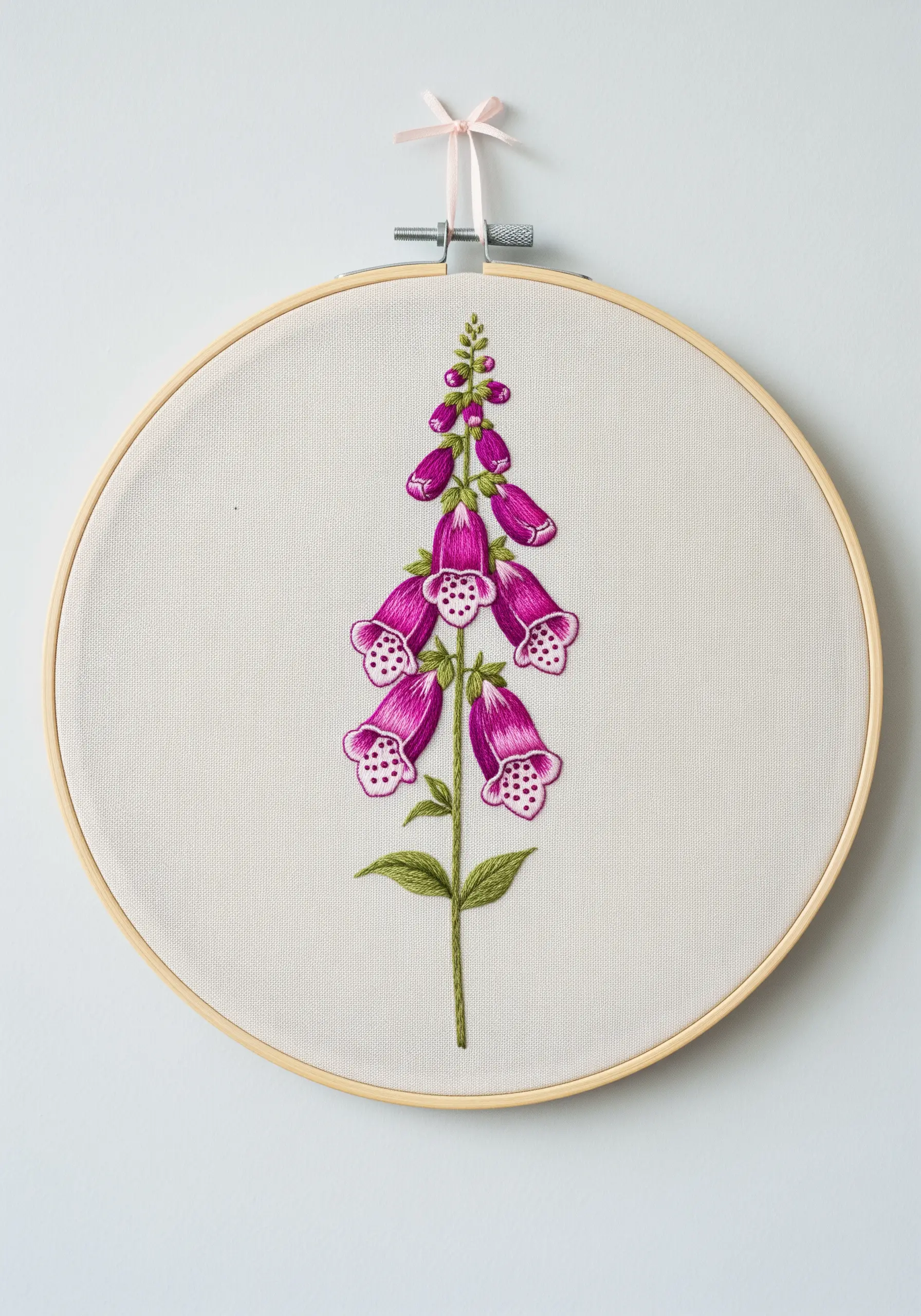 A single stem of embroidered pink foxglove with detailed satin stitch bells.