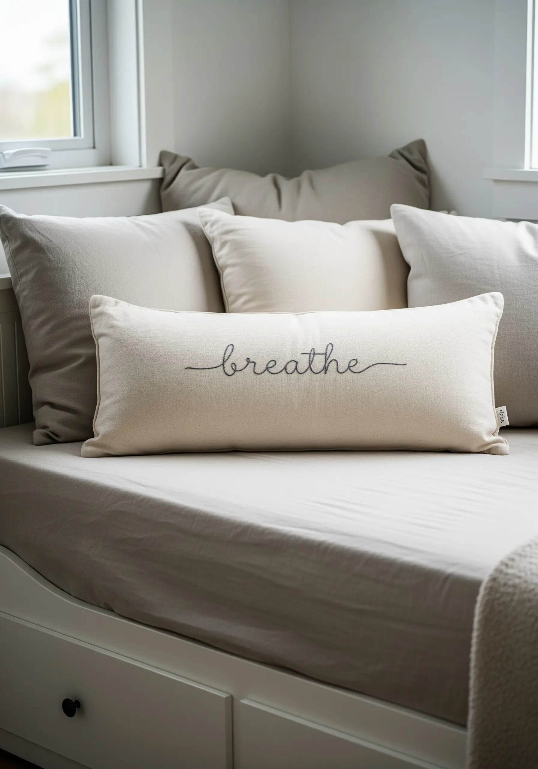 A long, rectangular cushion embroidered with the word 