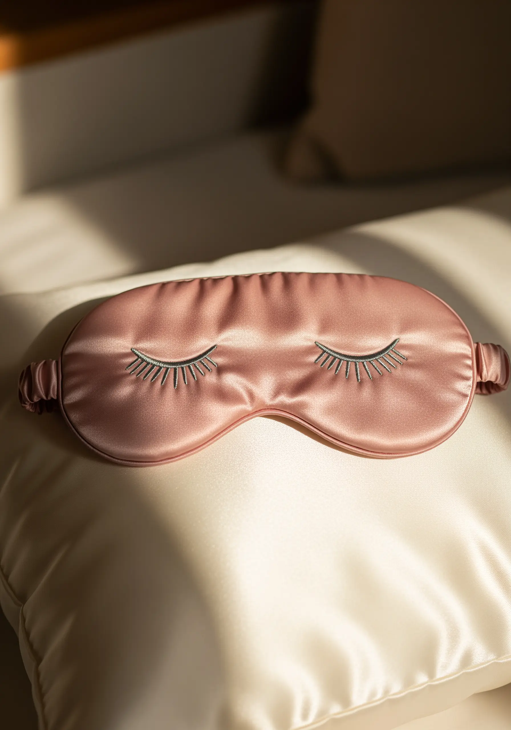 A dusty pink silk sleep mask embroidered with simple, elegant closed eyelashes.