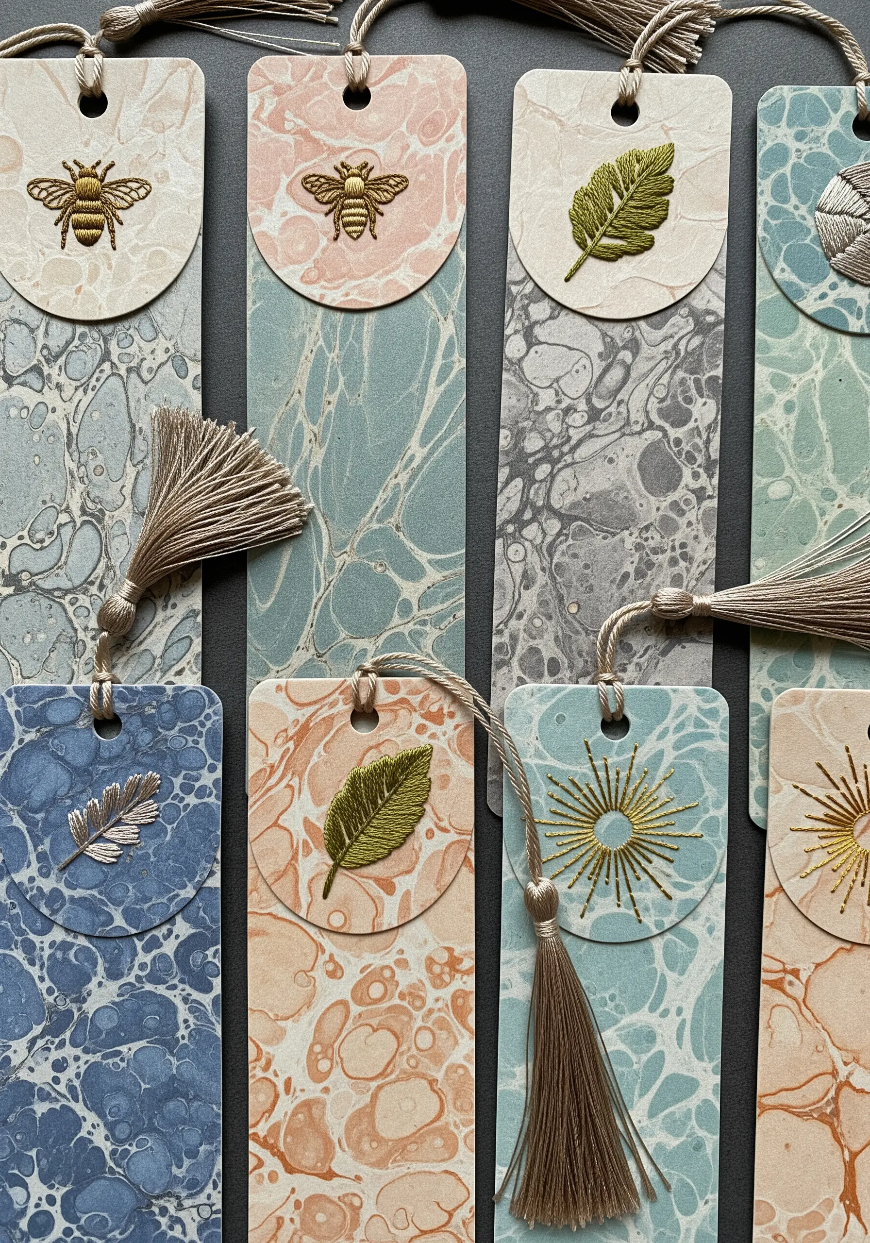 Small, elegant embroidered motifs of leaves and bees on colorful marbled paper bookmarks.