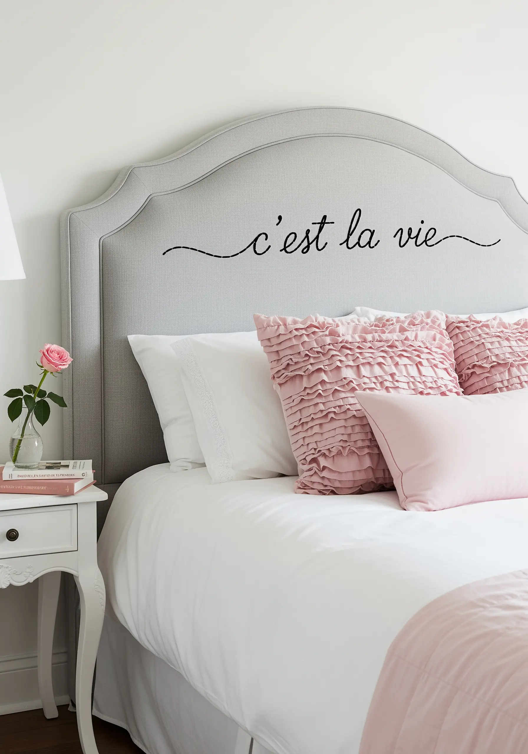 The phrase 'c'est la vie' embroidered in elegant black script on a grey upholstered headboard.