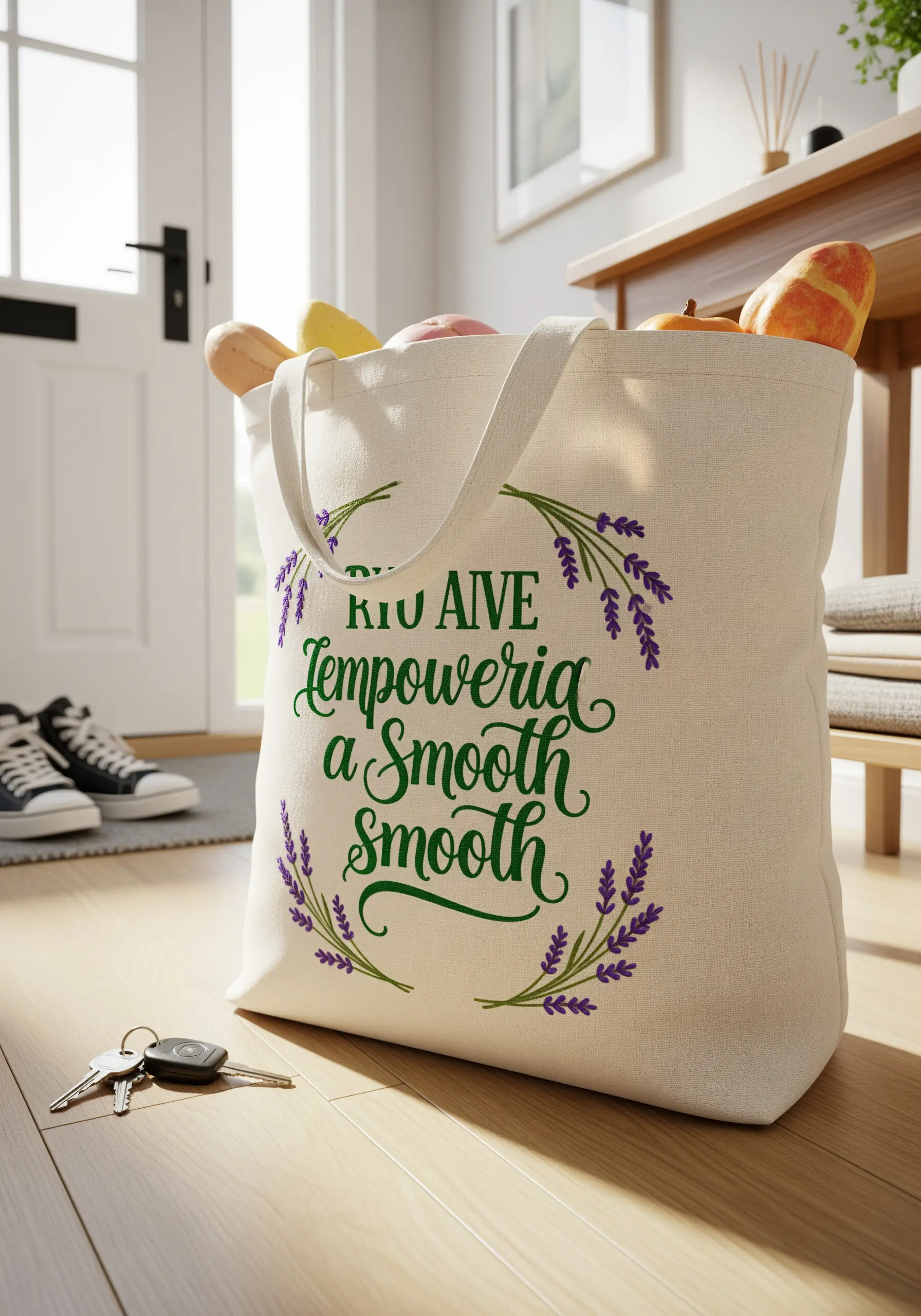 An embroidered quote in green script framed by lavender sprigs on a tote bag.