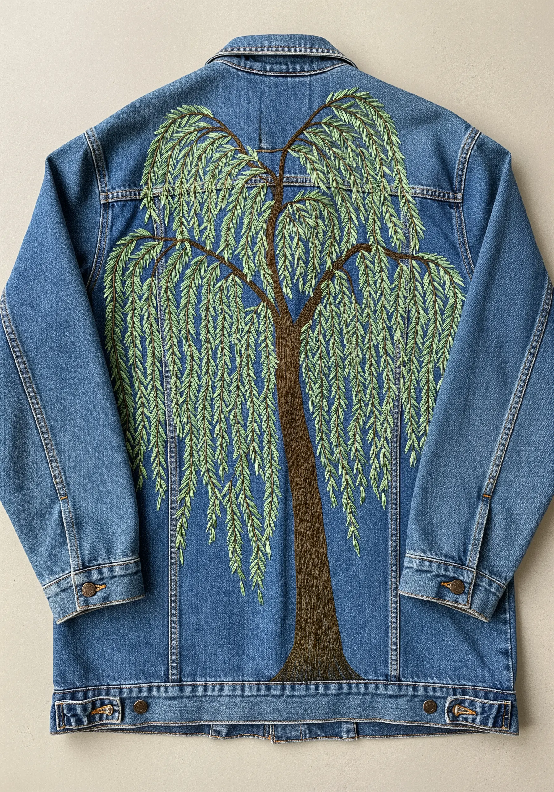 A large weeping willow tree with long, flowing stitches on a denim jacket back.