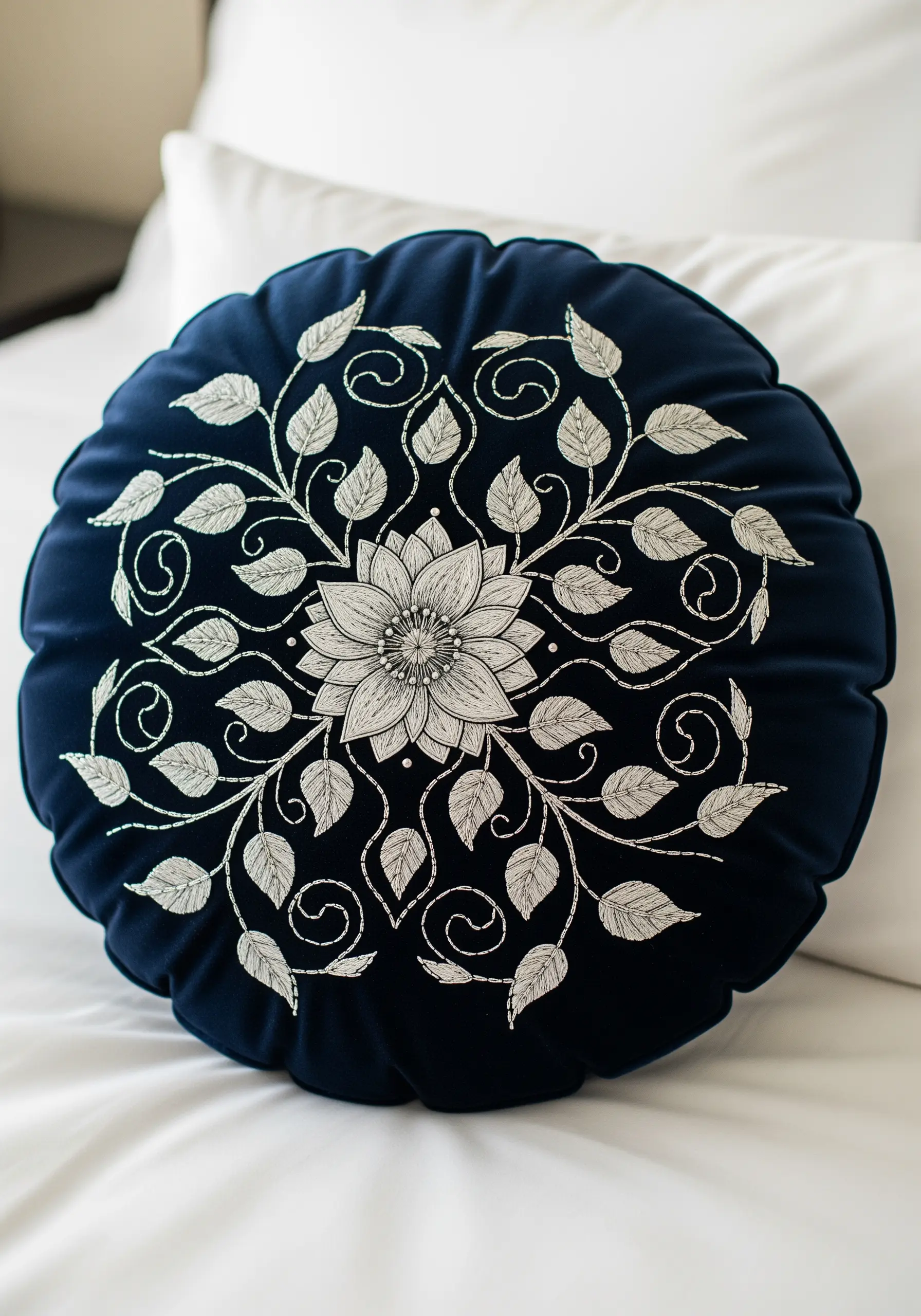 A detailed white thread embroidery of a floral and vine mandala on a round navy velvet pillow.