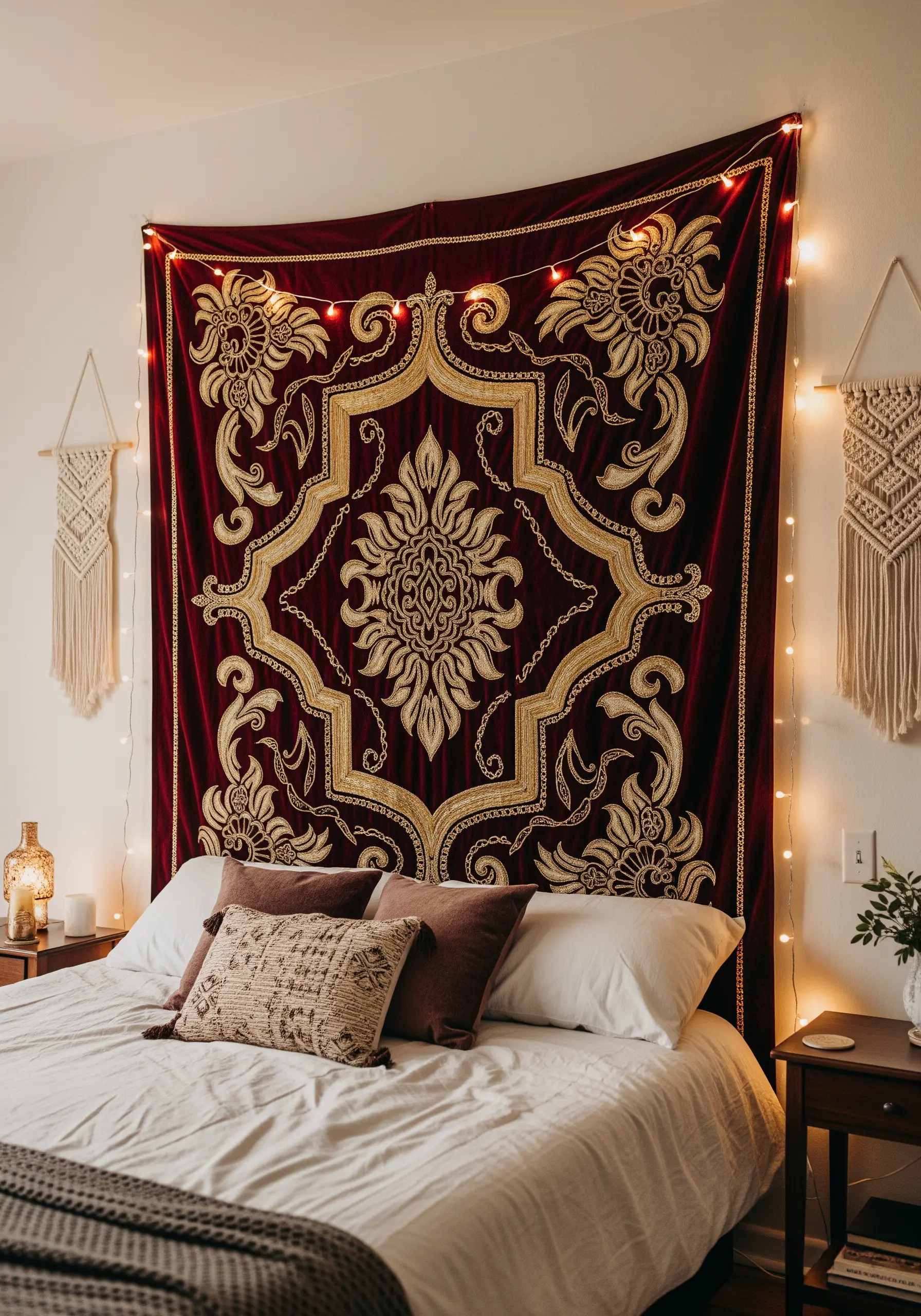 Ornate gold embroidered red velvet tapestry used as a statement headboard.