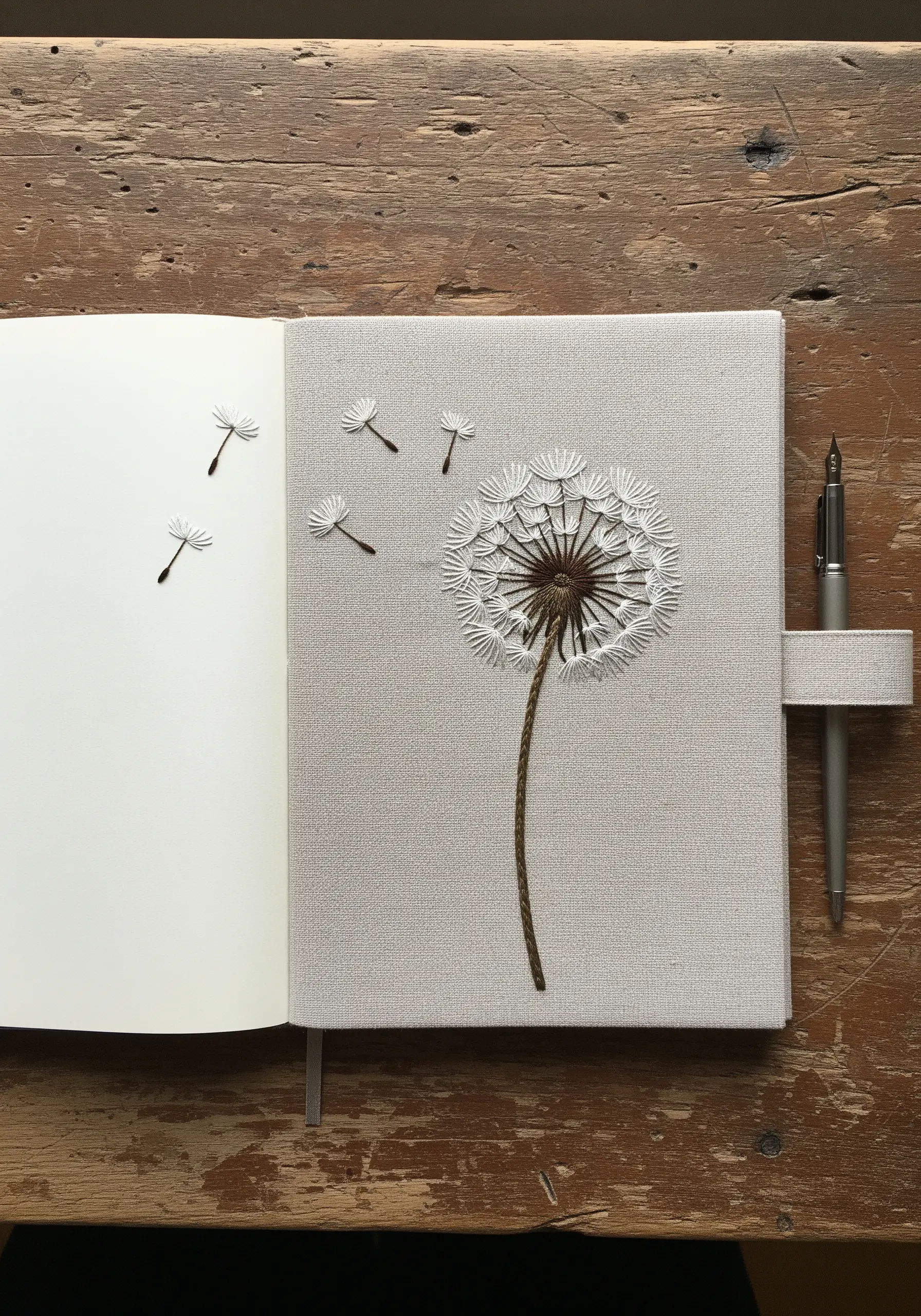 A single, detailed dandelion seed head embroidered on a linen journal cover.