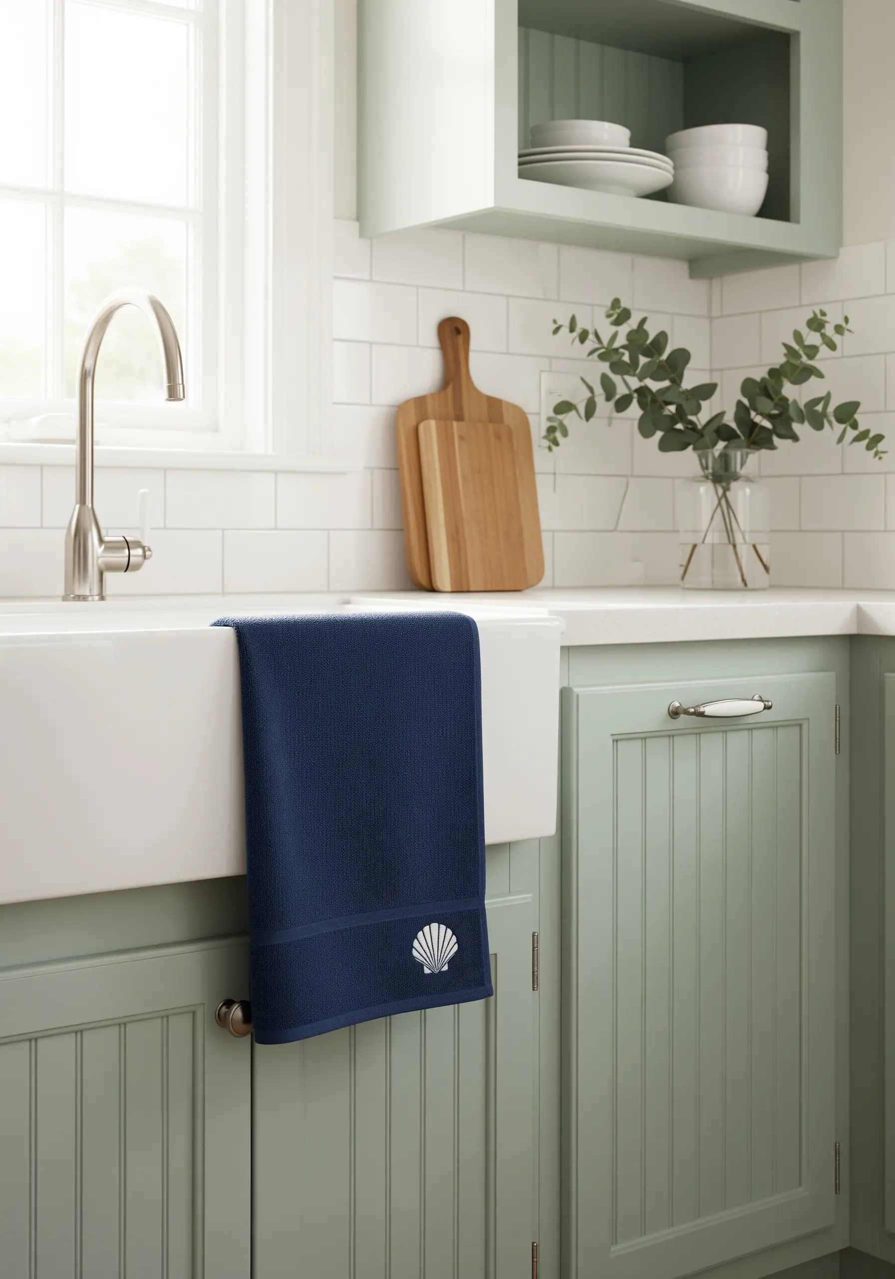 A small, elegant white seashell embroidered on the corner of a dark blue towel.
