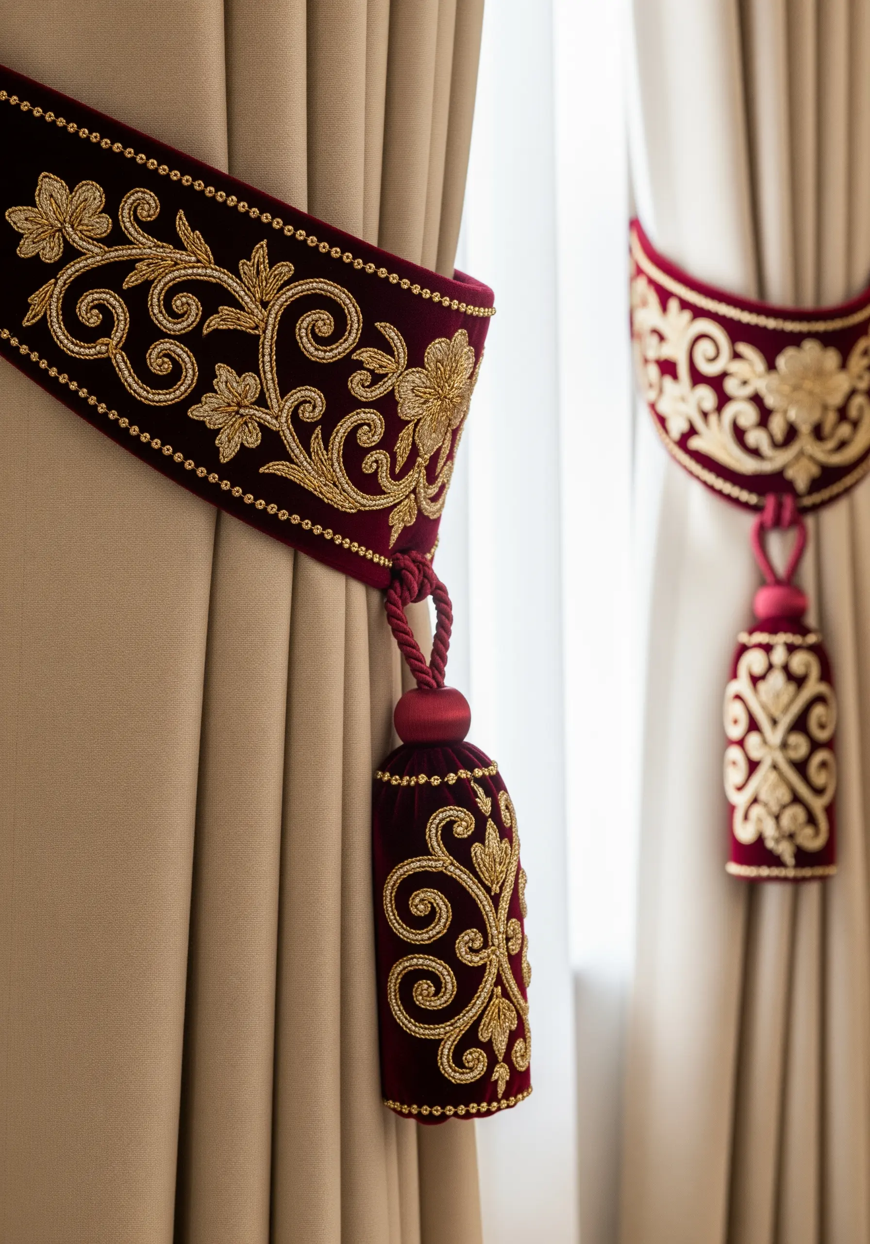 An ornate gold-embroidered velvet curtain tie-back in deep crimson.