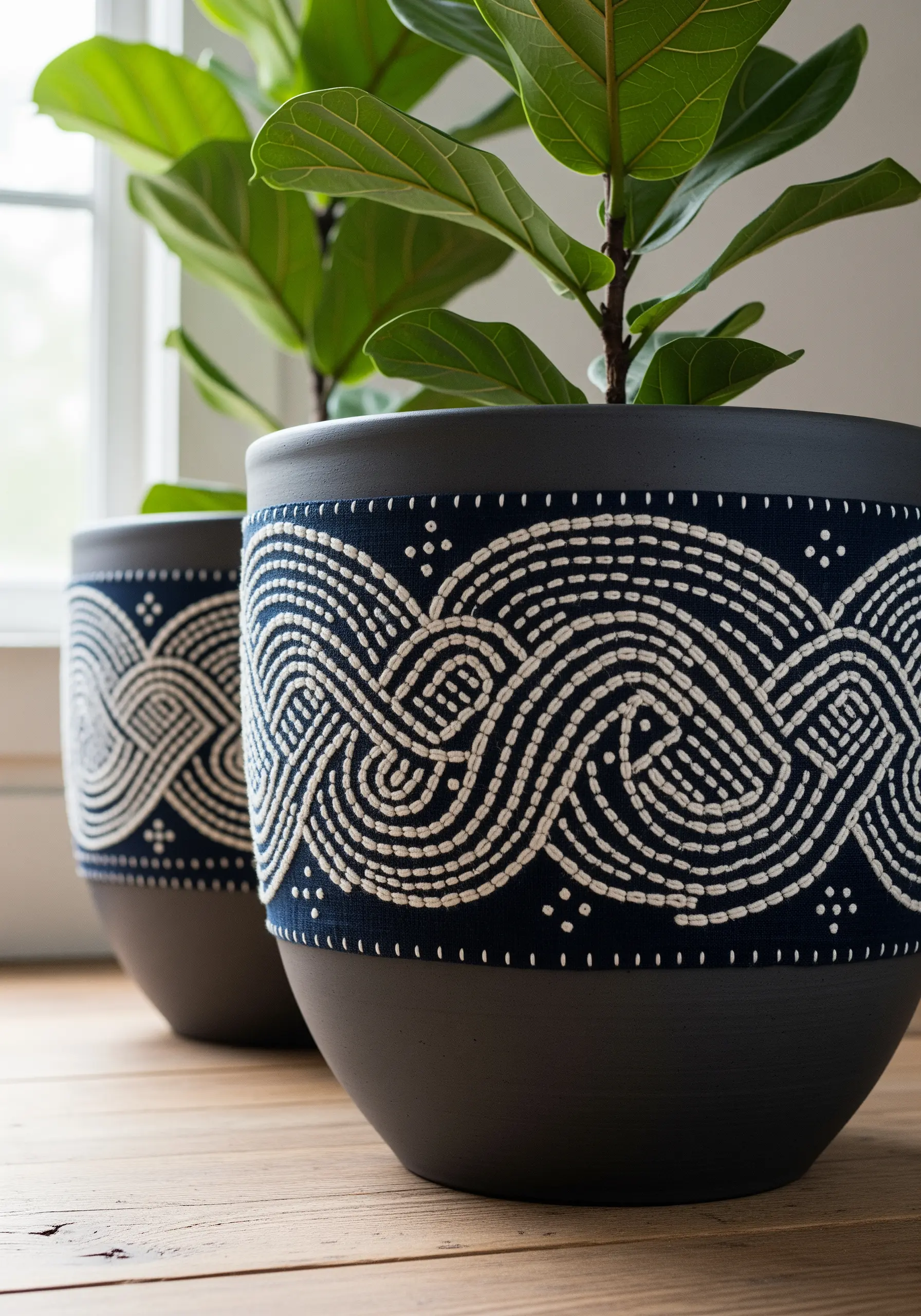 Japanese Sashiko-style running stitch embroidery on a dark blue fabric planter.