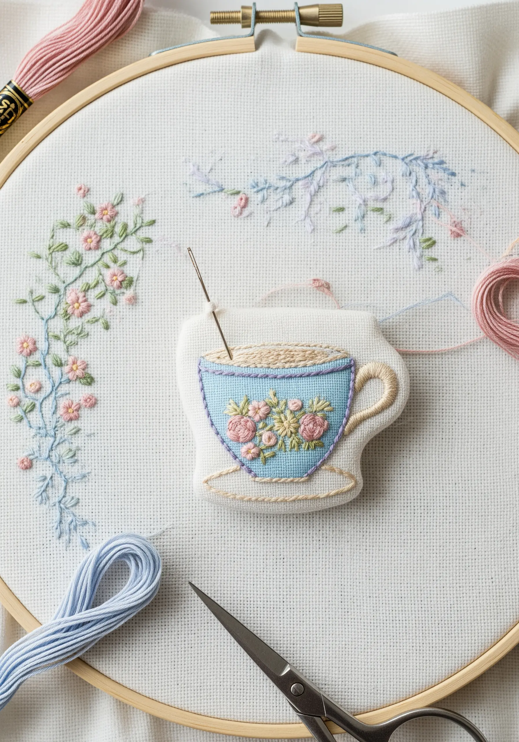 A dimensional, padded embroidery of a teacup being stitched onto a larger piece of fabric.