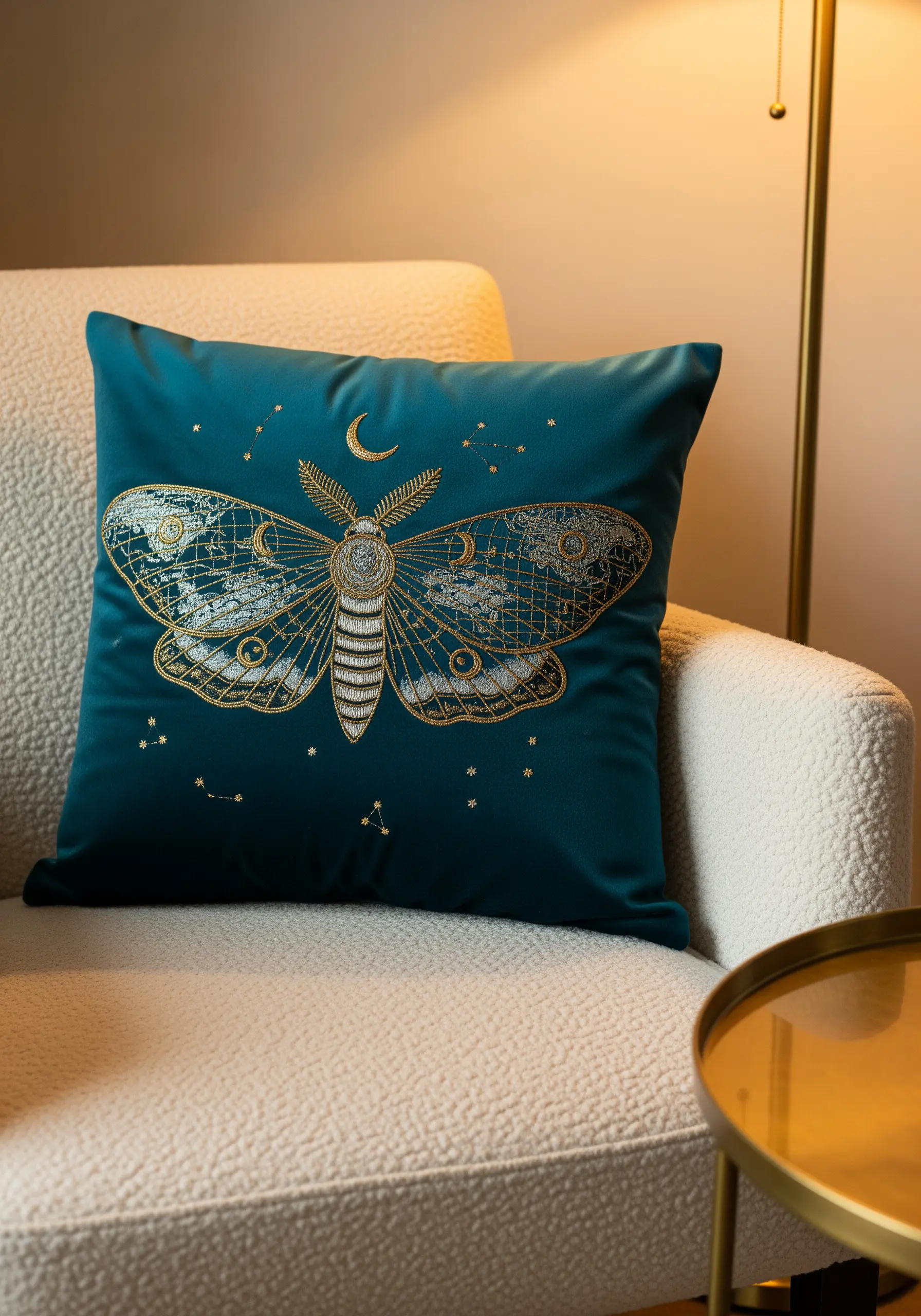 Gold and silver metallic thread embroidery of a celestial moth on a teal velvet cushion.
