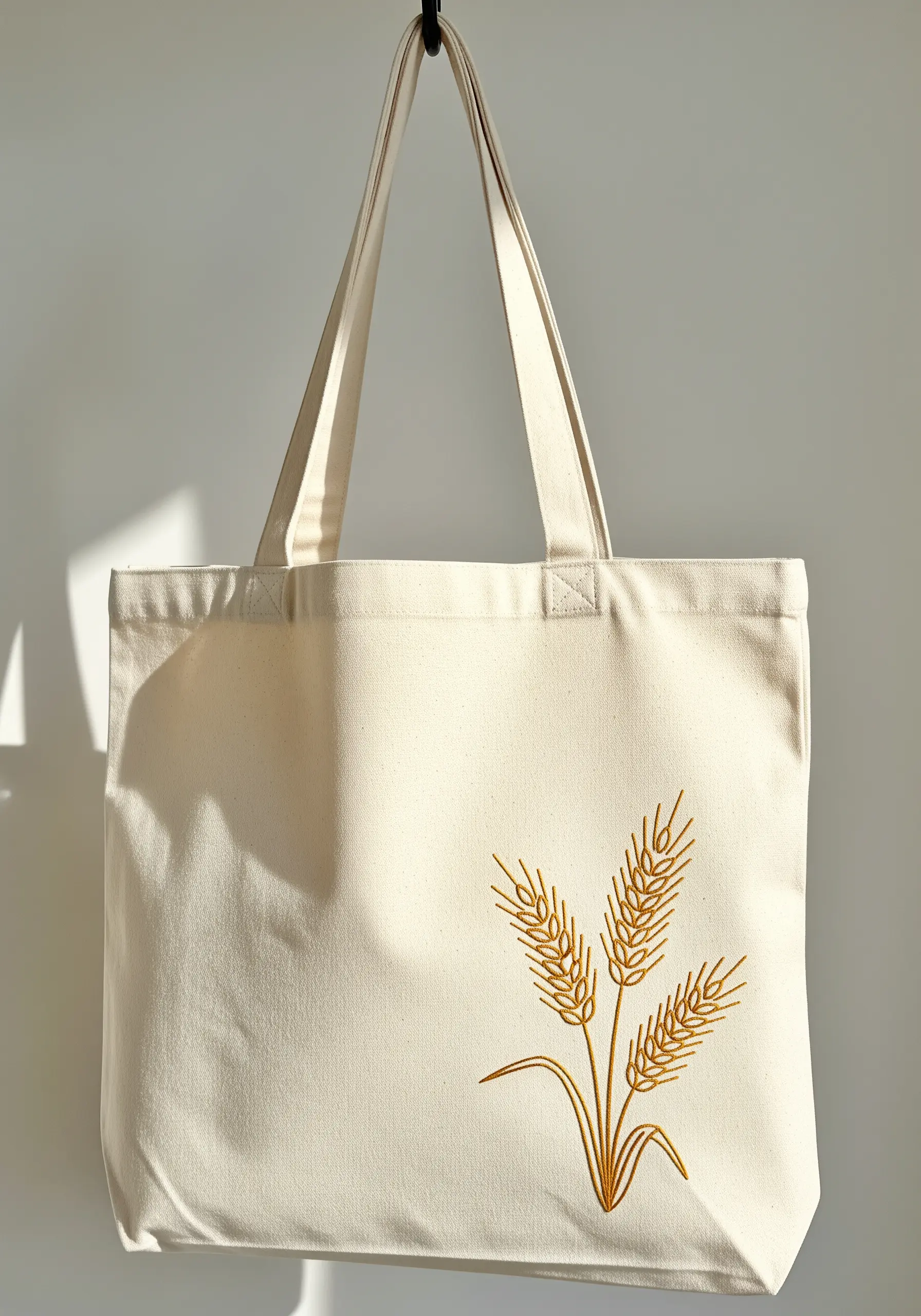 A simple wheat sheaf motif embroidered in golden-brown thread on a canvas tote bag.