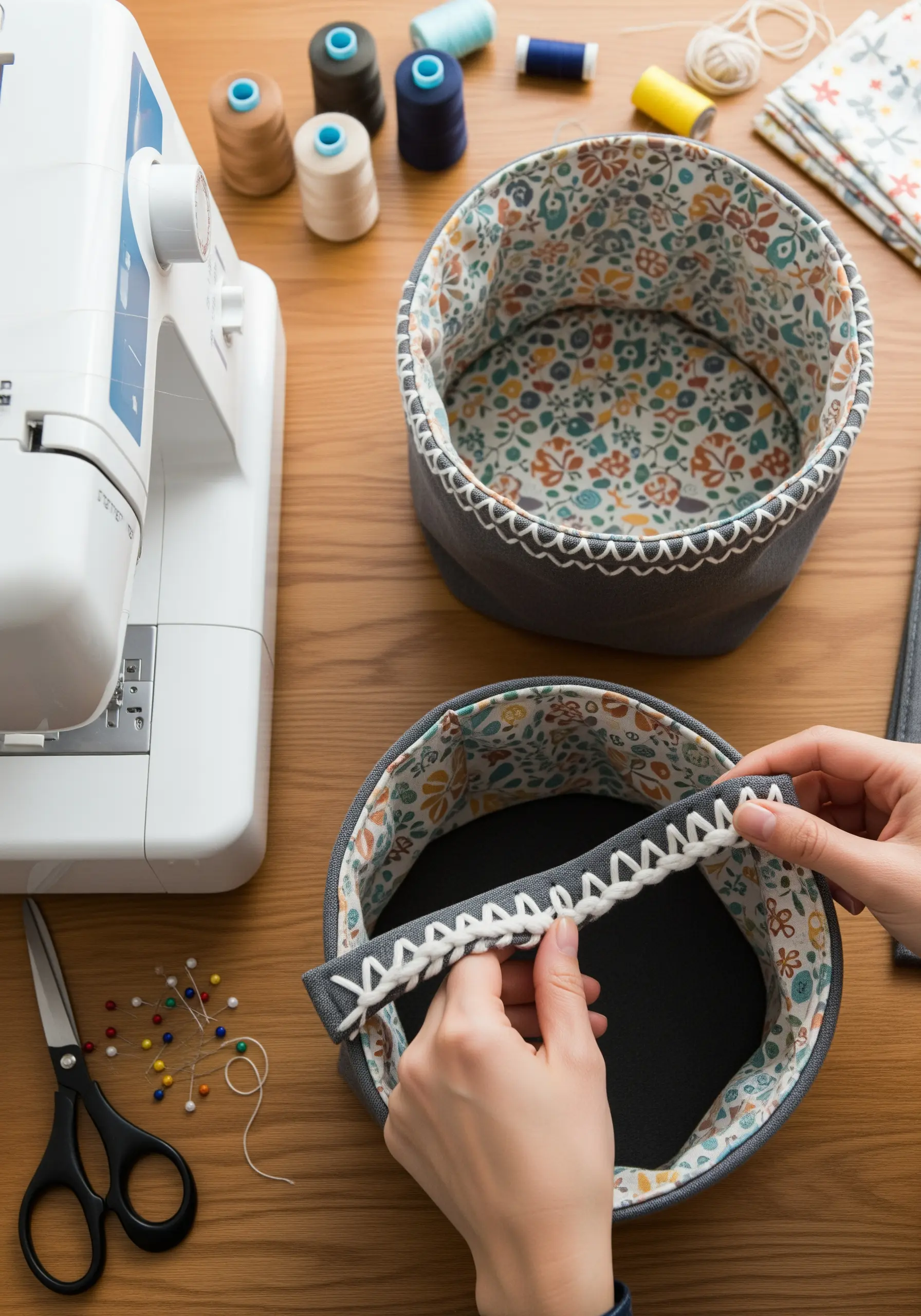 Adding a decorative white blanket stitch to the rim of a grey fabric basket