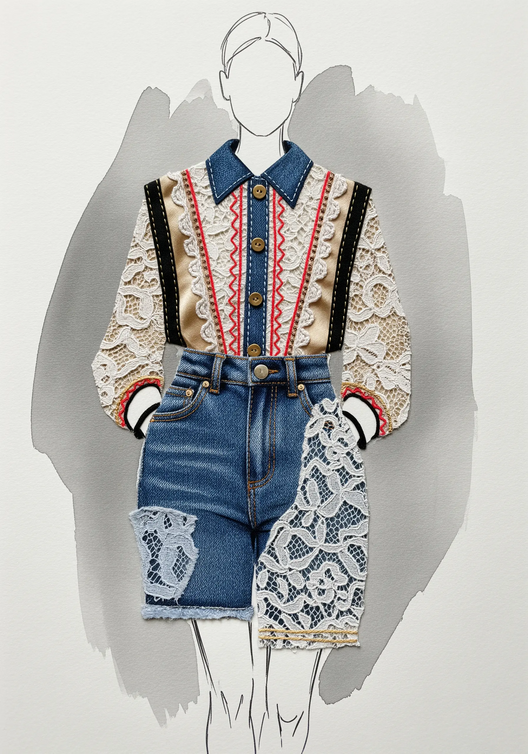 Fashion illustration collage using real denim, lace, and ribbon for clothing, with stitched details.