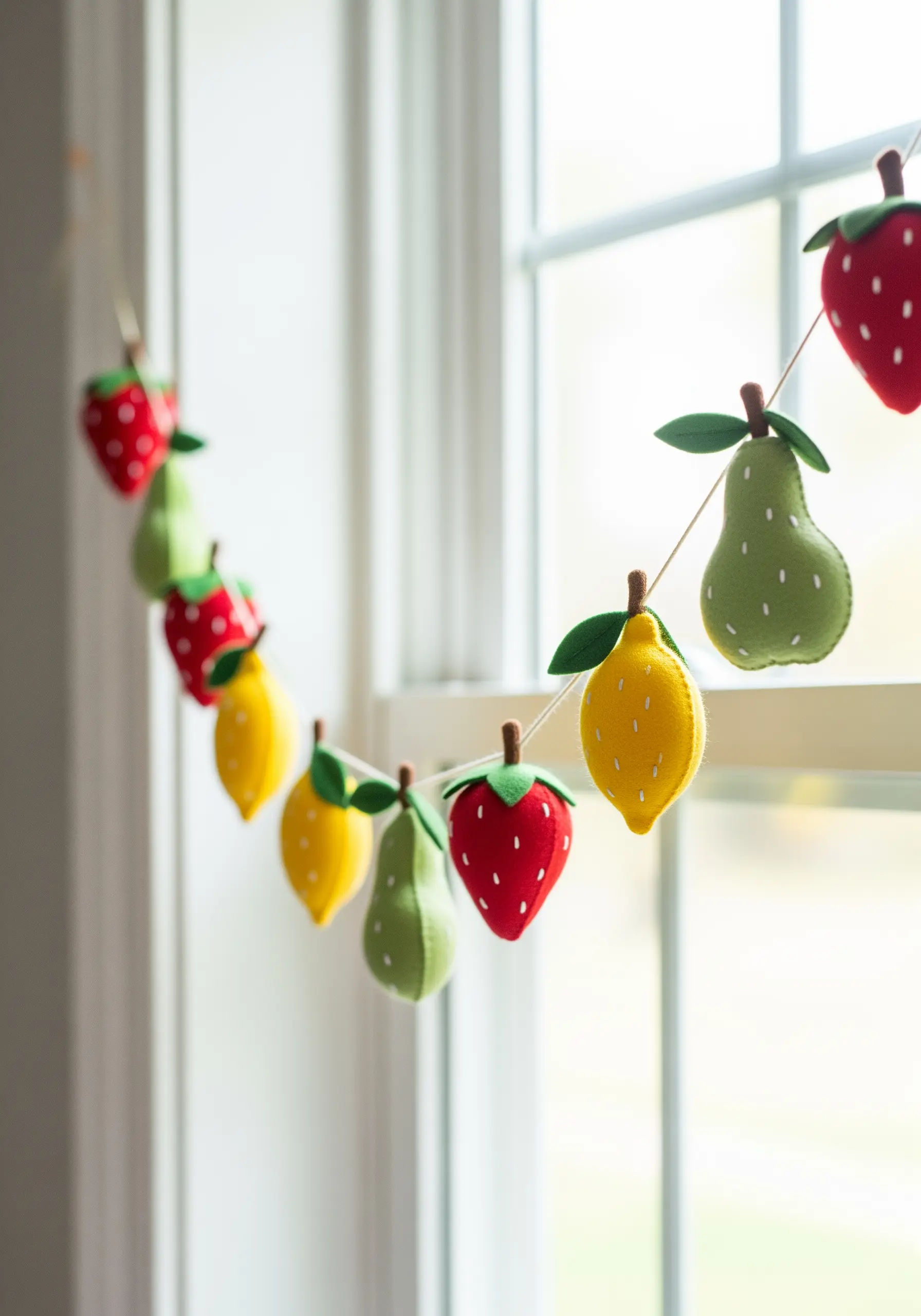 A felt garland of plush, hand-stitched strawberries, pears, and lemons hanging in a window.