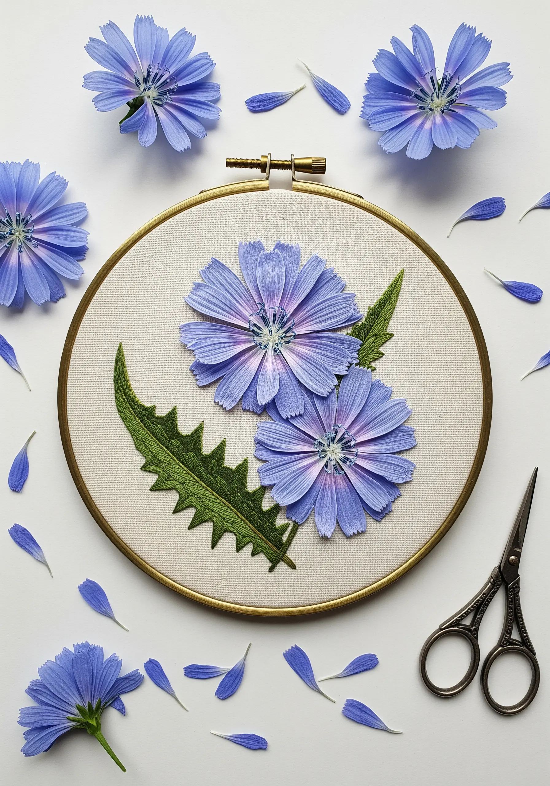 3D embroidered chicory flowers with detached, layered petals on cream fabric.