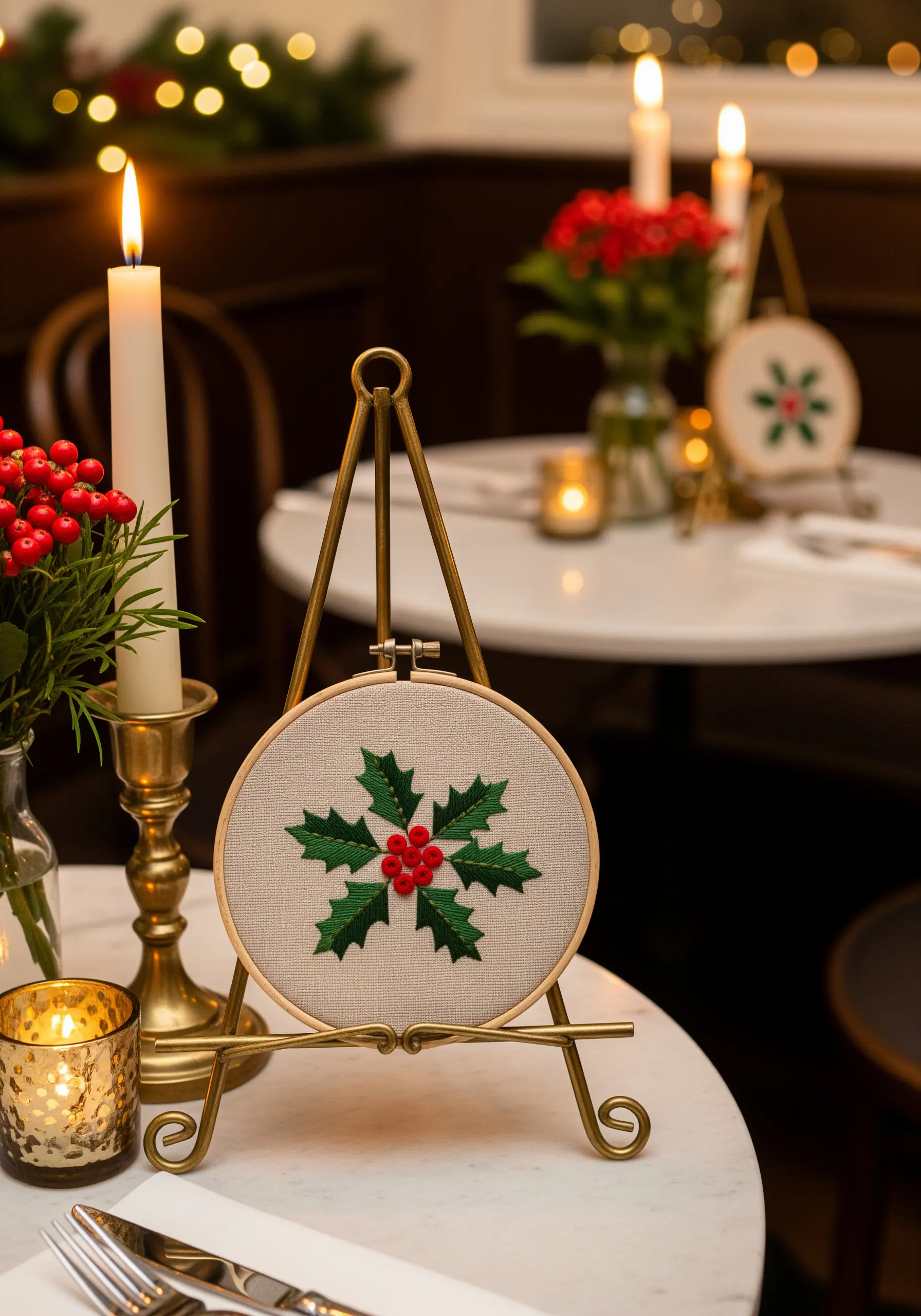 A Christmas holly embroidery displayed on a brass easel on a candlelit dinner table.