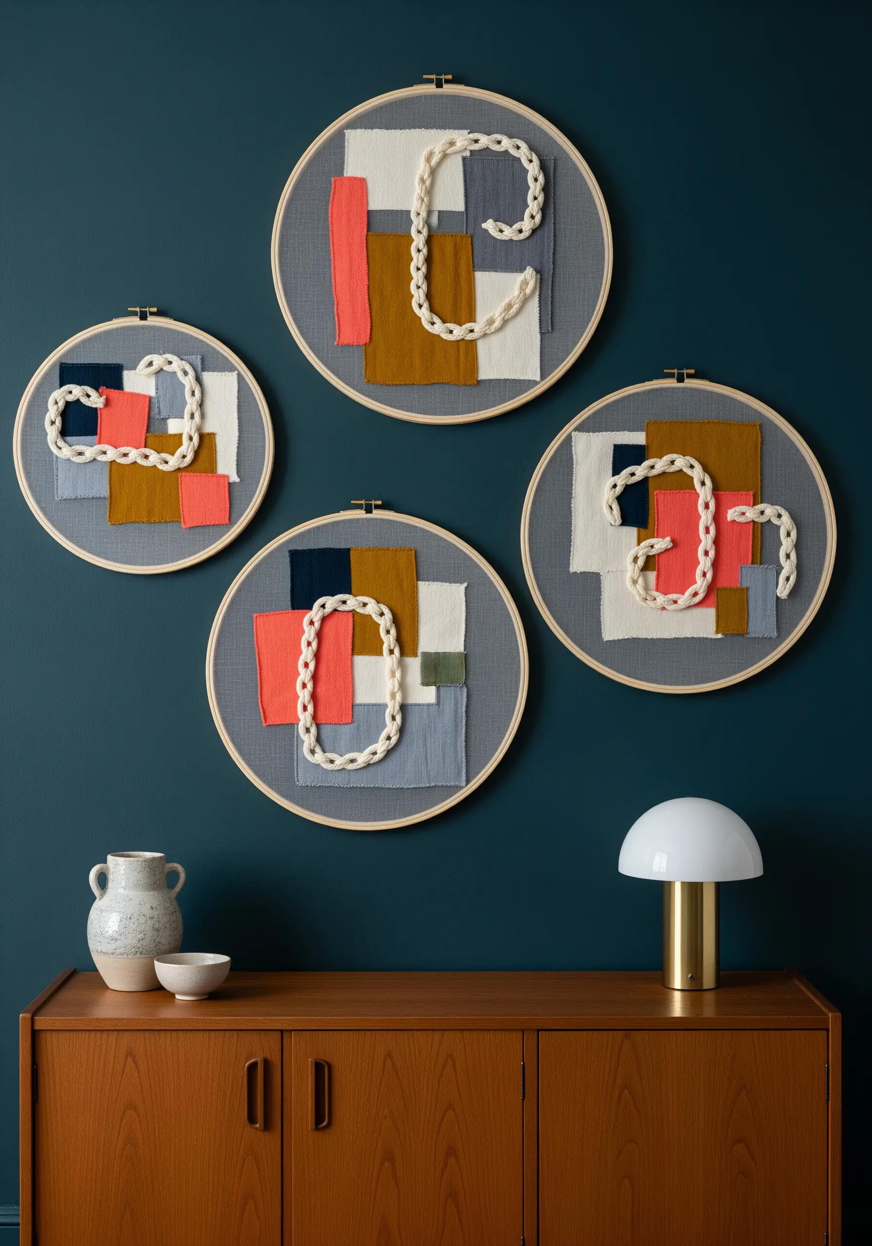 Abstract hoop art with fabric collage and dimensional white yarn chain stitch.