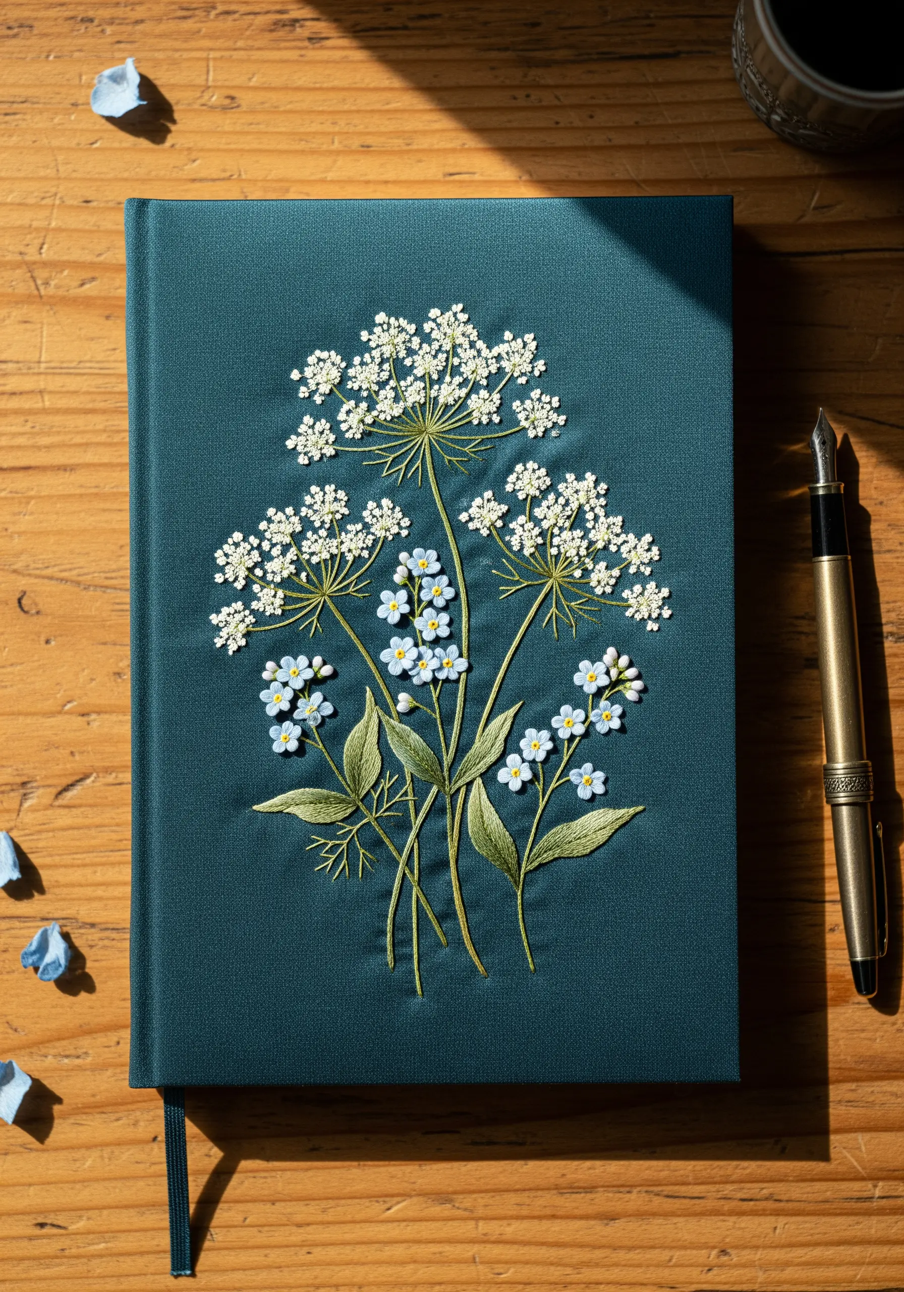 Embroidered journal cover with delicate white and blue wildflowers.