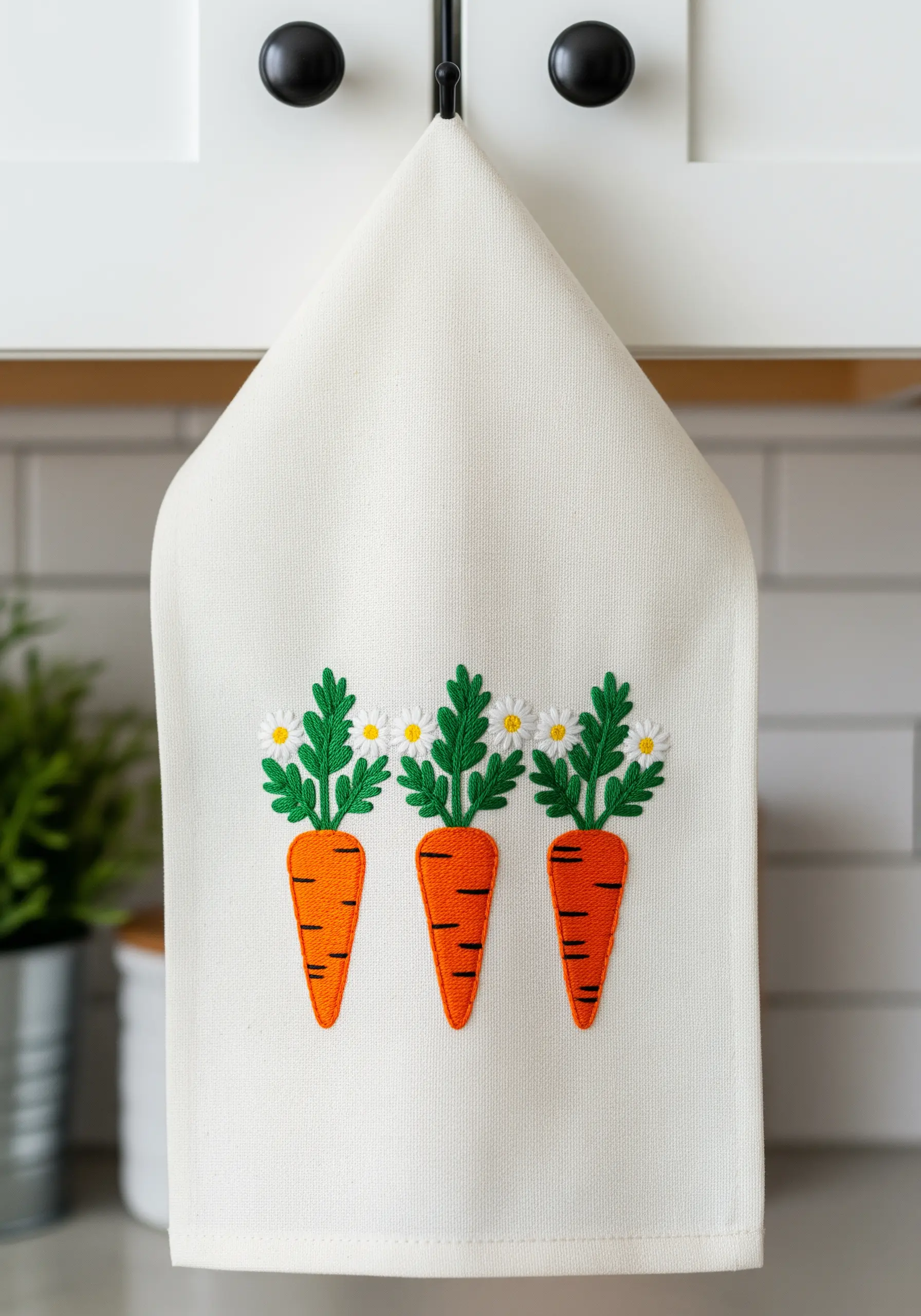 Three embroidered carrots with appliqué bodies and detailed green tops on a kitchen towel.