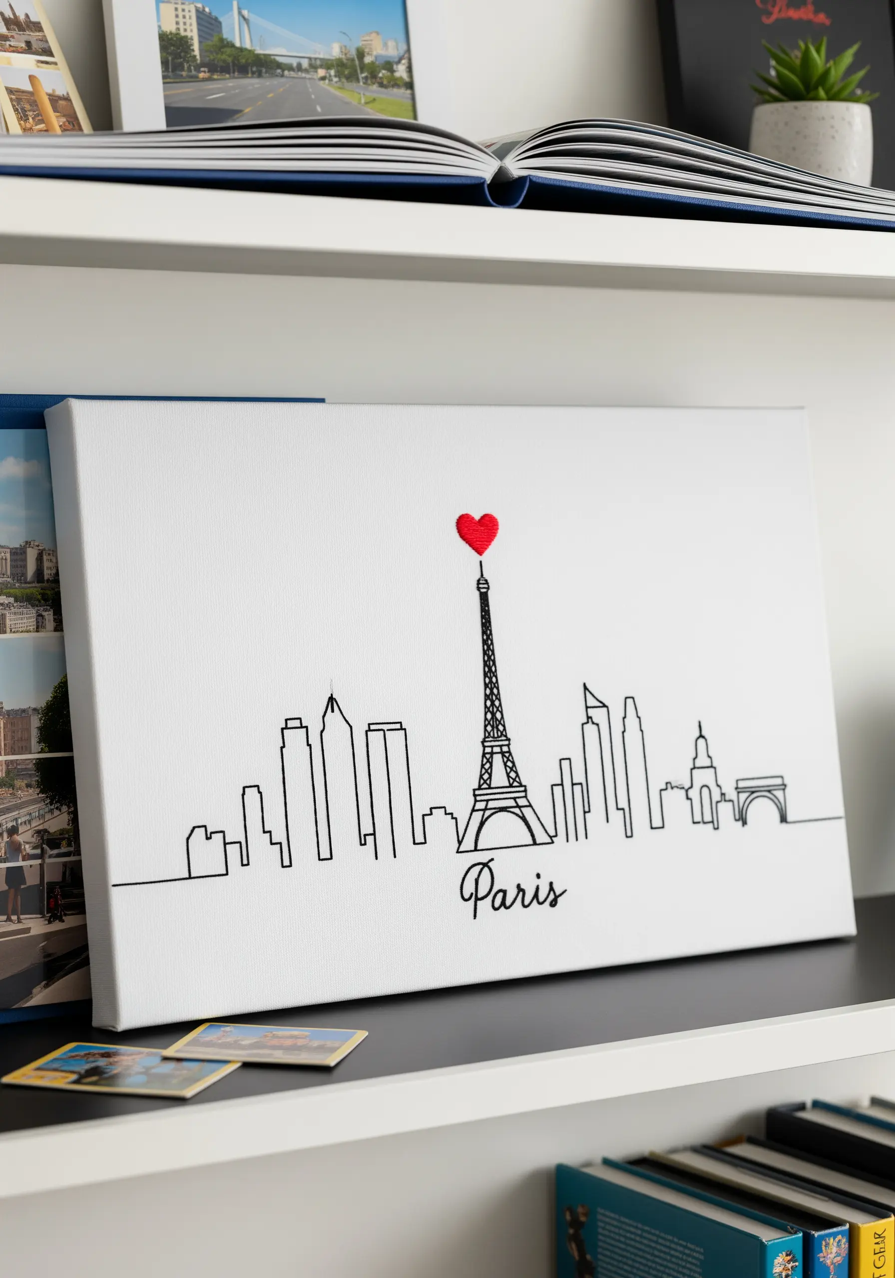 Minimalist black line art of the Paris skyline with a single red embroidered heart.