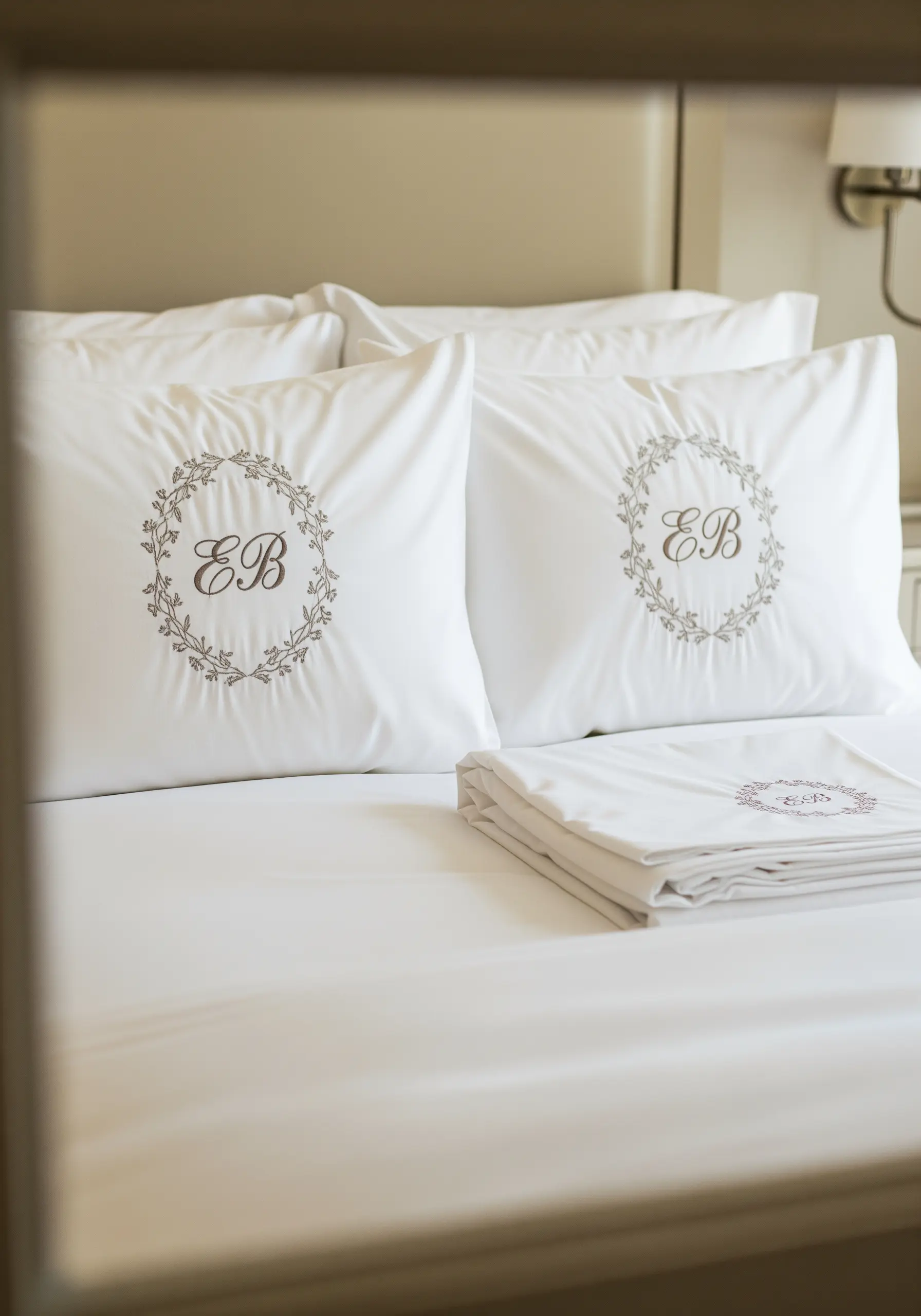 Crisp white pillowcases featuring an elegant embroidered monogram framed by a delicate wreath.