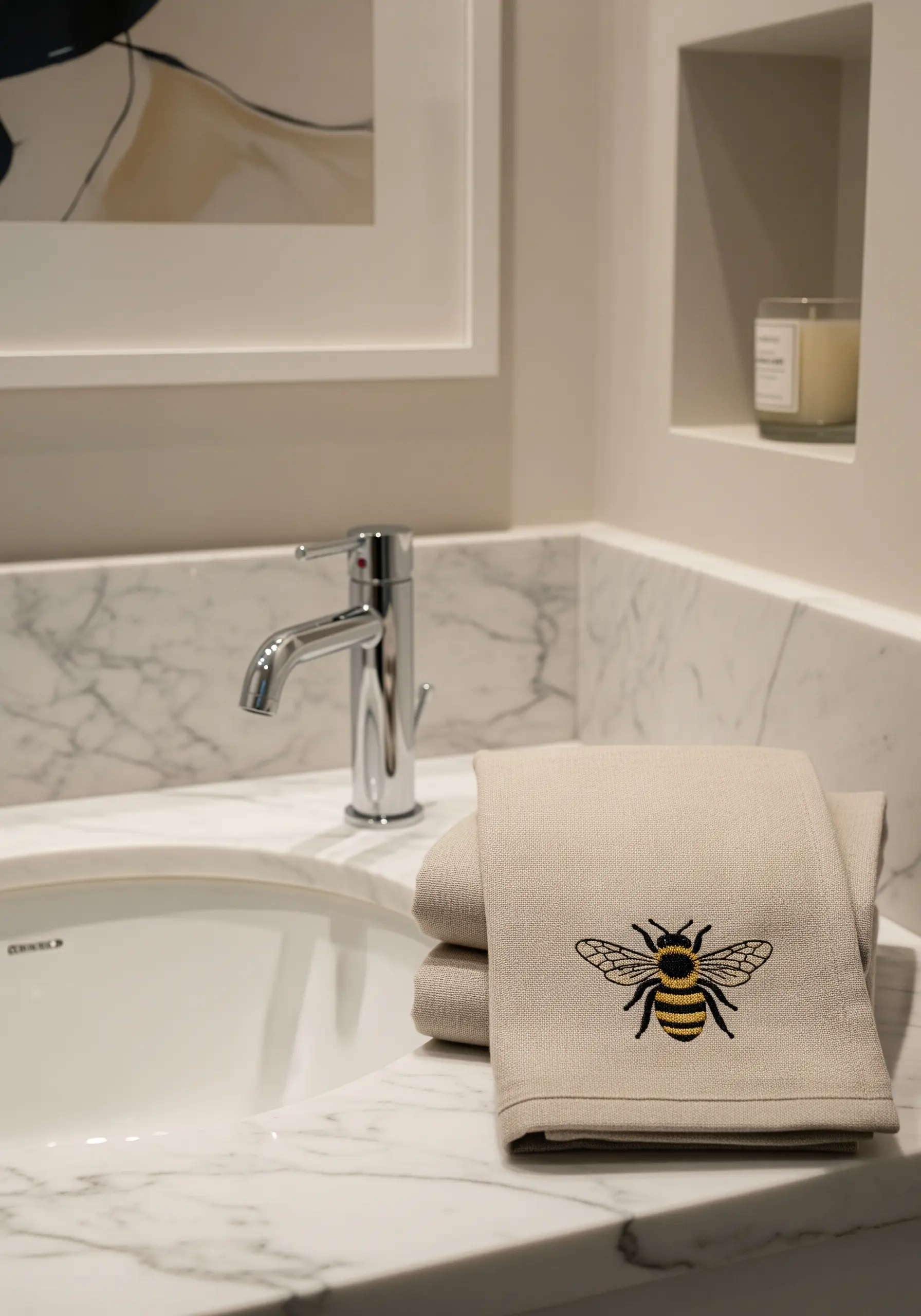 A single, detailed bee embroidered with satin stitch on a folded neutral hand towel.