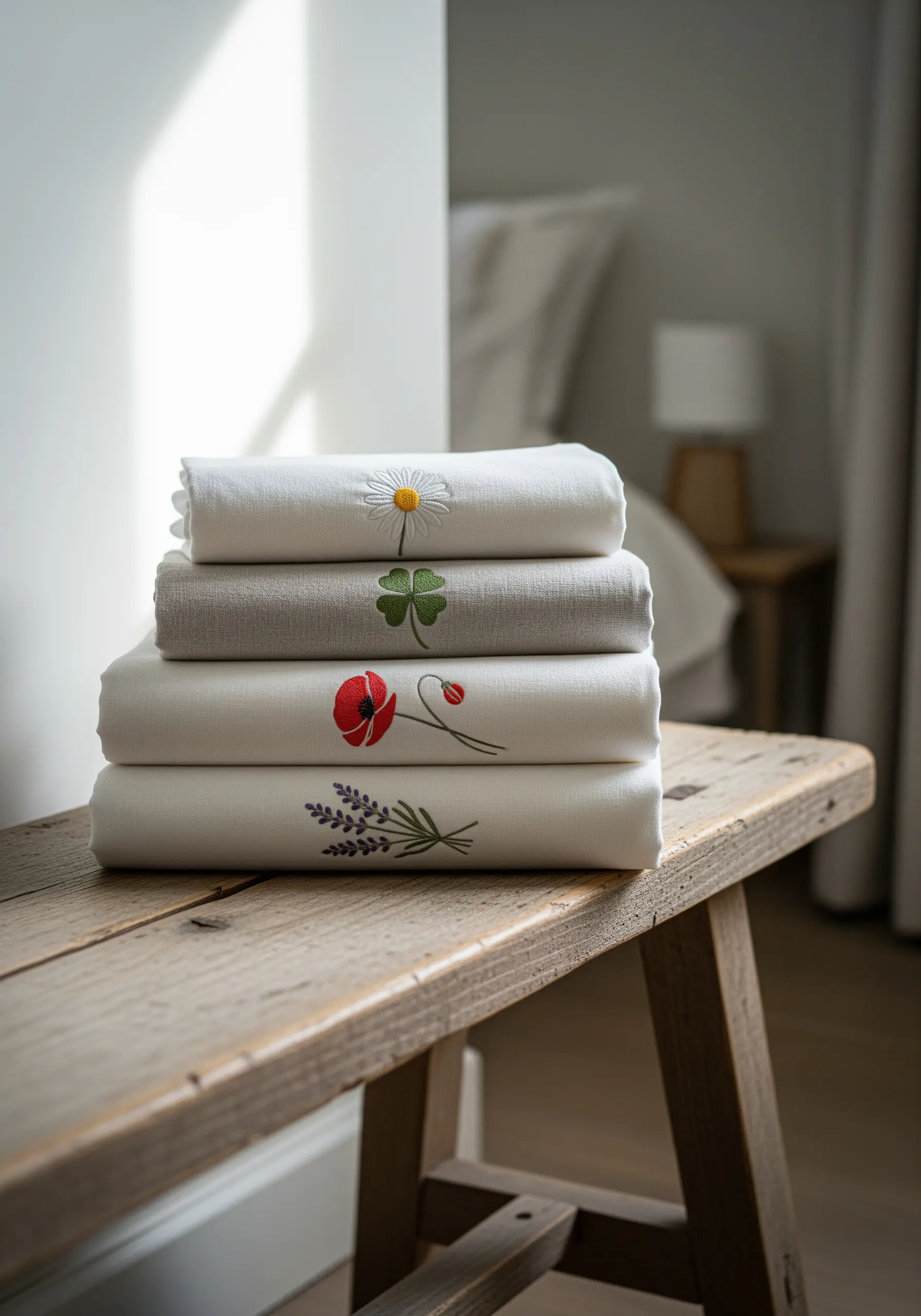 A stack of folded linens, each embroidered with a single, simple wildflower motif.