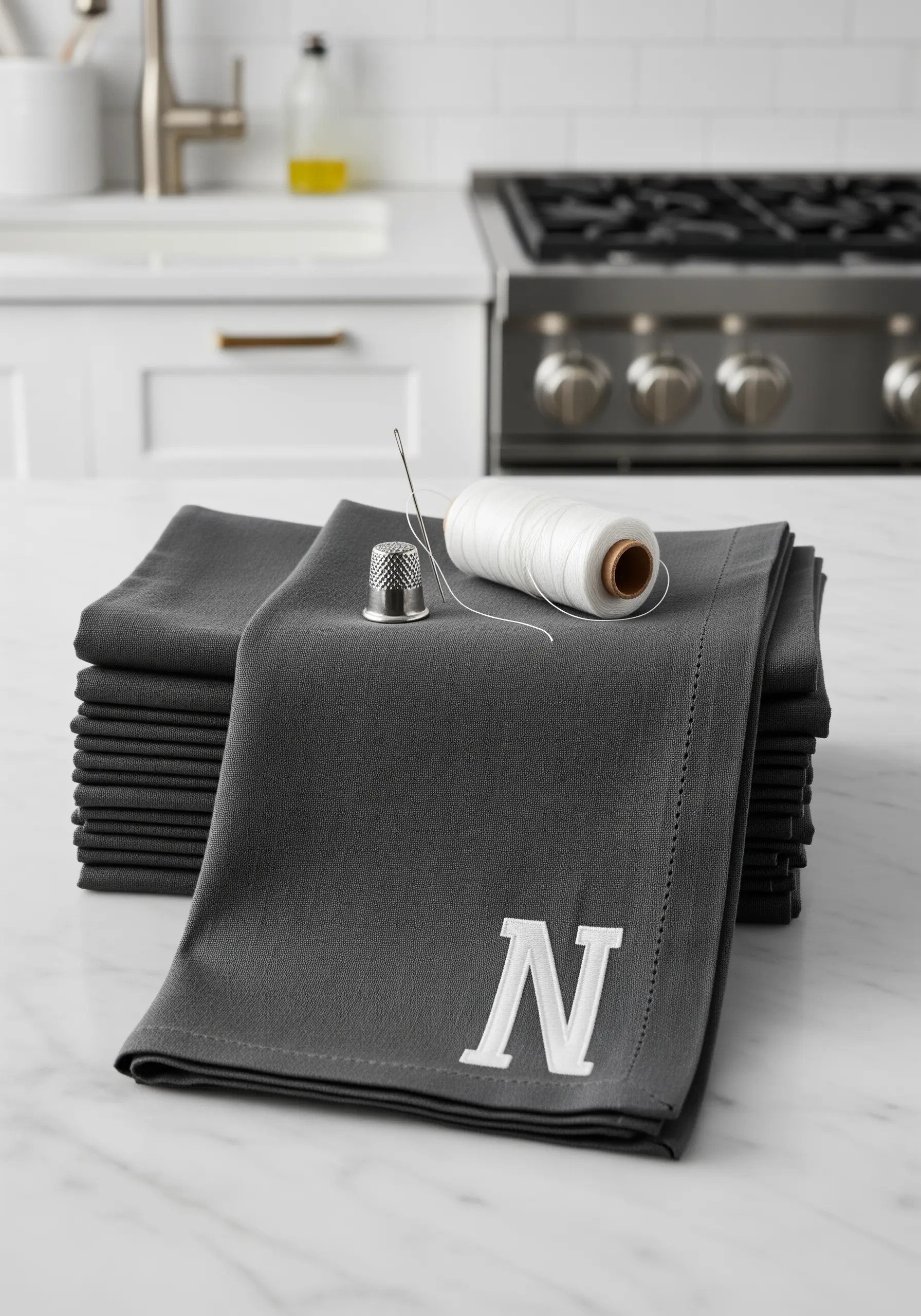 A raised white embroidered 'N' monogram on a dark grey linen napkin.
