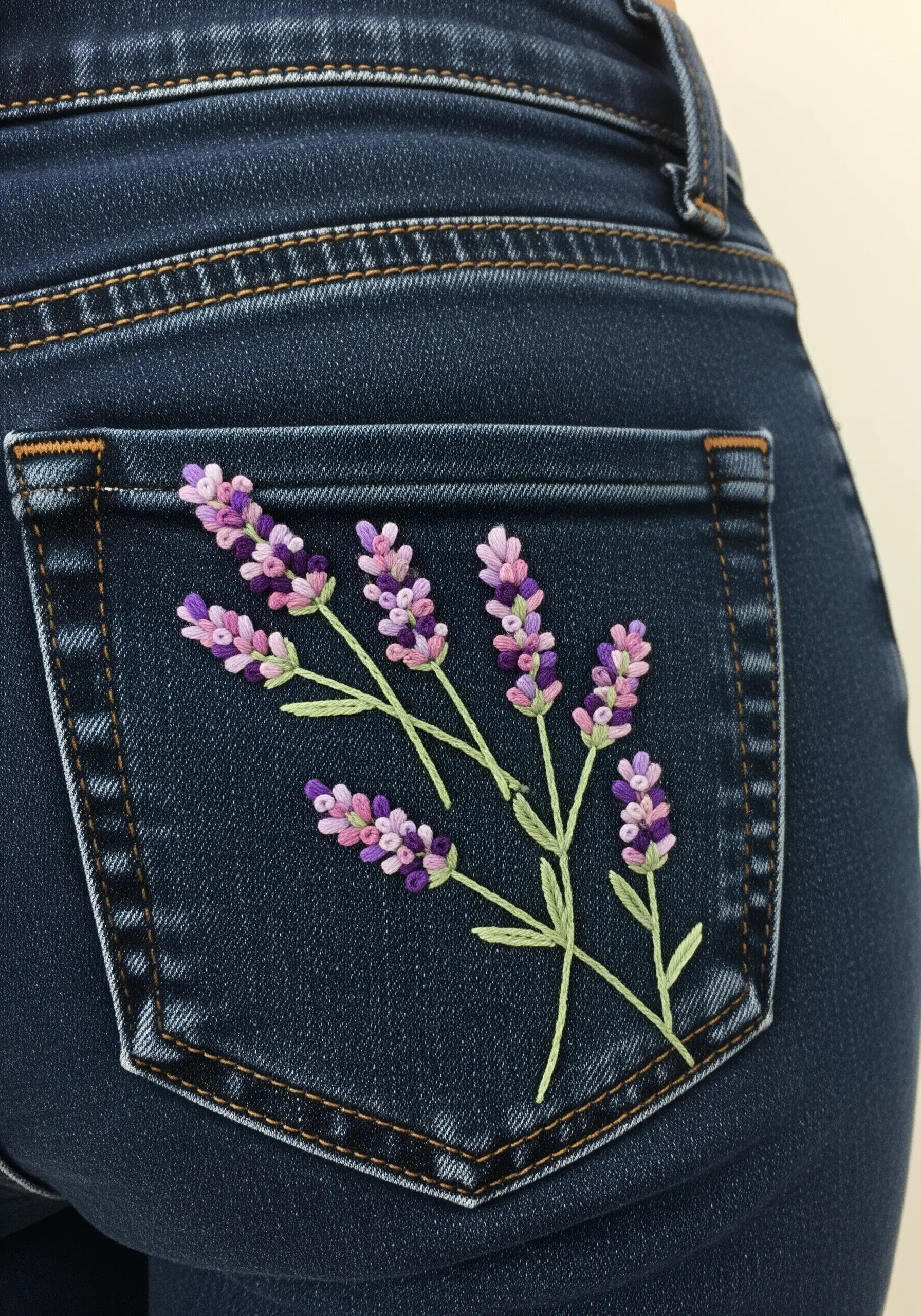 Hand-embroidered lavender sprigs with purple and pink French knots on a dark denim back pocket.
