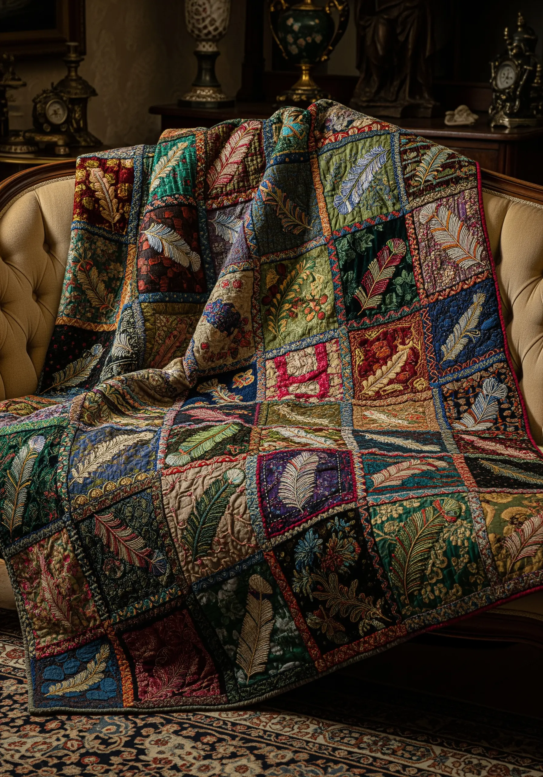 Velvet crazy quilt with detailed feather stitching on seams