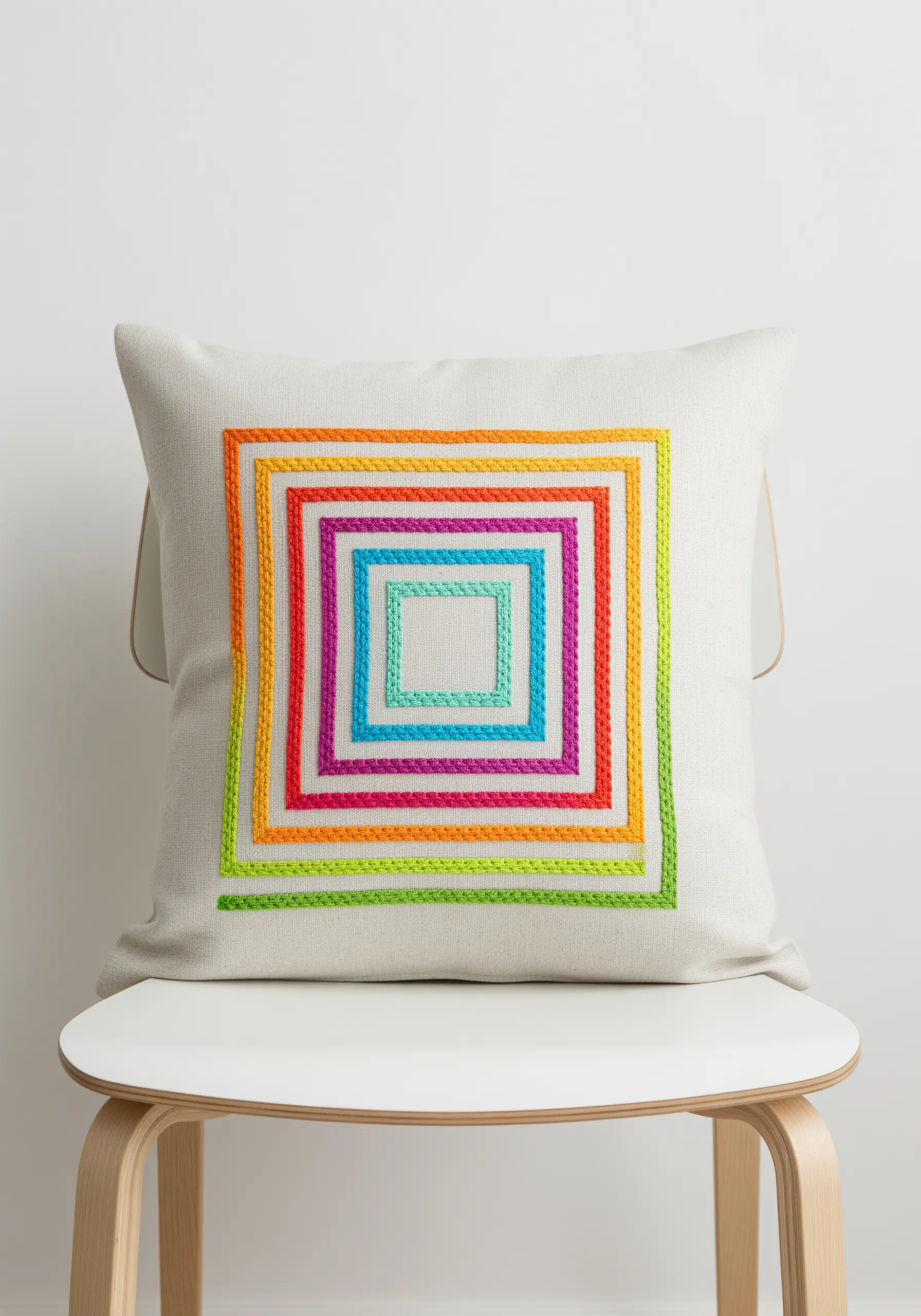 Concentric rainbow squares stitched with a textured fill on a neutral pillow.