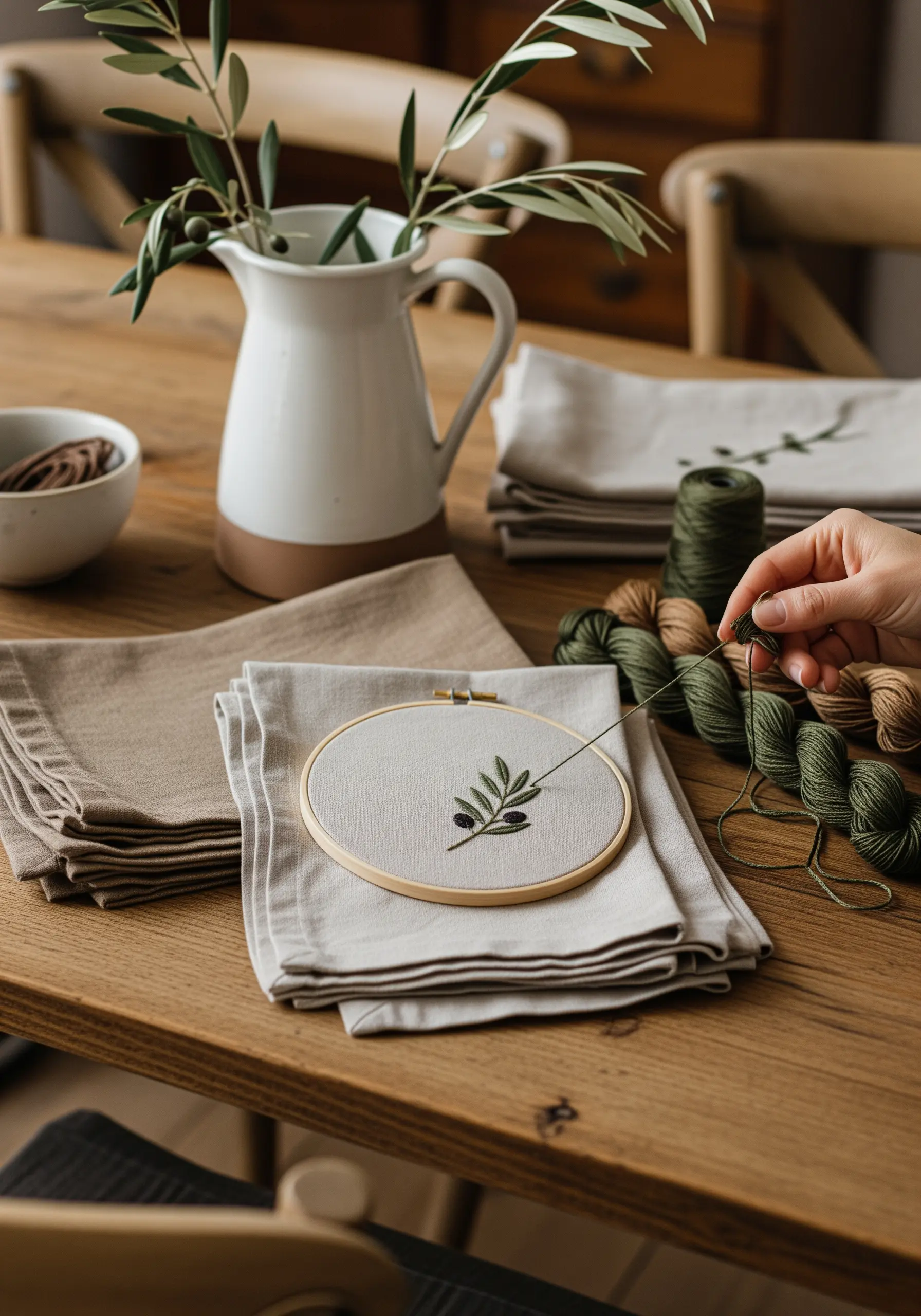 An embroidered olive branch motif on a linen napkin, stitched in an embroidery hoop.