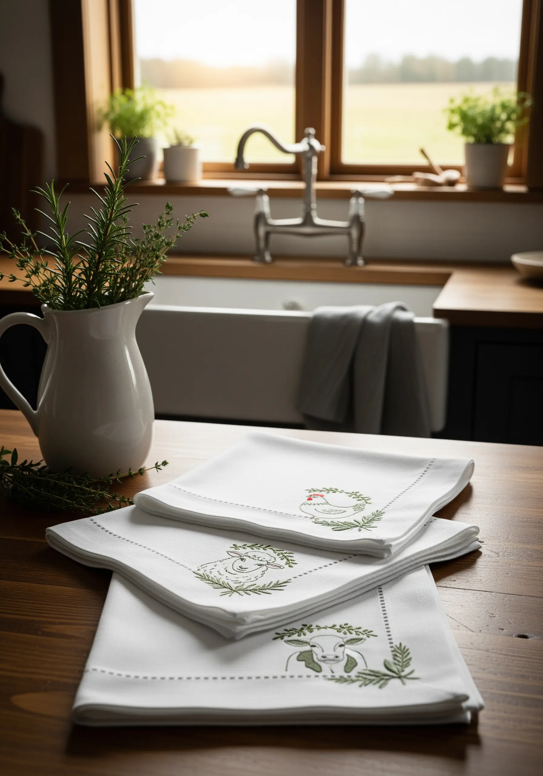 White napkins neatly folded, each with a simple, green line-art embroidery of a farm animal.