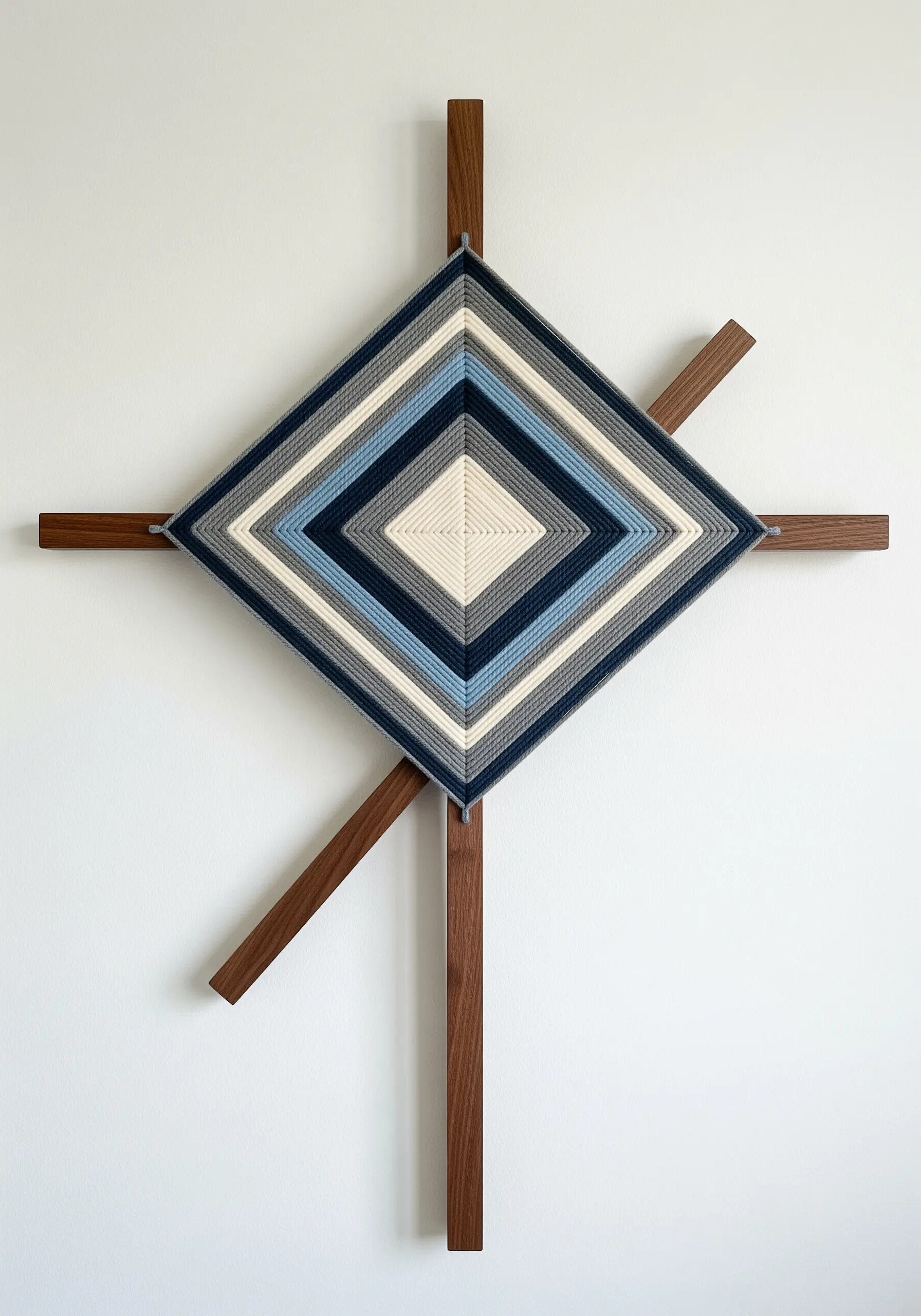 A modern 'God's Eye' yarn weaving in blue, grey, and cream on a dark wood cross frame.